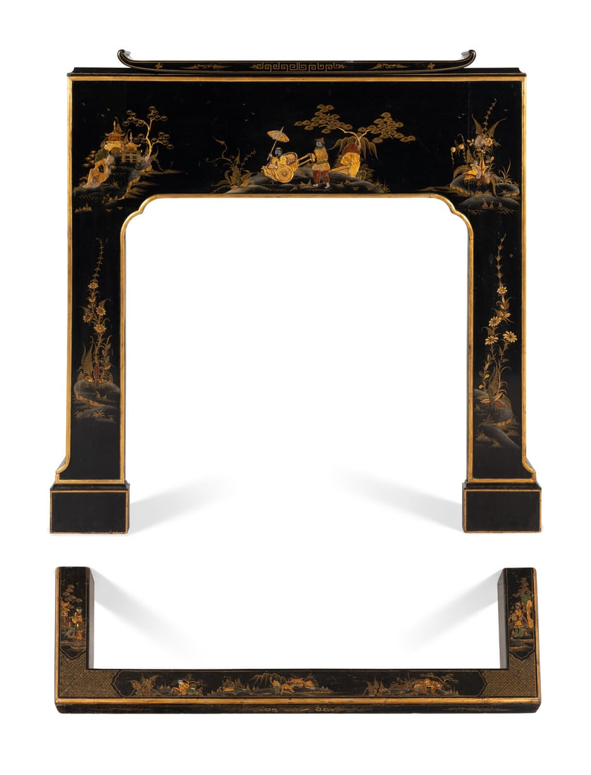 A Georgian Style Black Japanned Fireplace Mantel: A Georgian Style Black Japanned Fireplace Mantel Circa 1930-40 together with a matching hearth surround. Height 58 x width 55 x depth 6 1/4 inches. This lot is located in Chicago. Note: An old paper