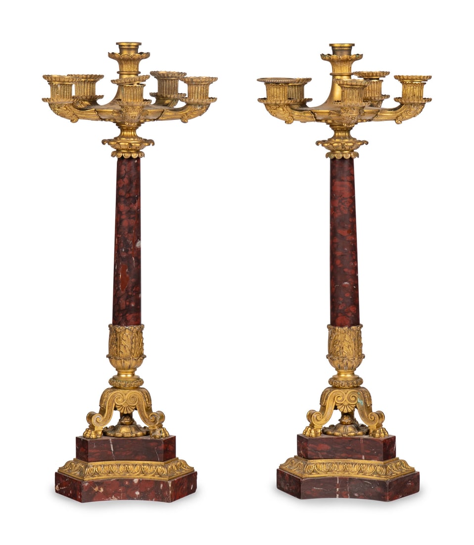 A Pair of Regency Gilt Bronze and Red Marble Five-Light Candelabra: A Pair of Regency Gilt Bronze and Red Marble Five-Light Candelabra Circa 1825 Height 24 1/2 x diameter 9 1/2 inches. This lot is located in Chicago.