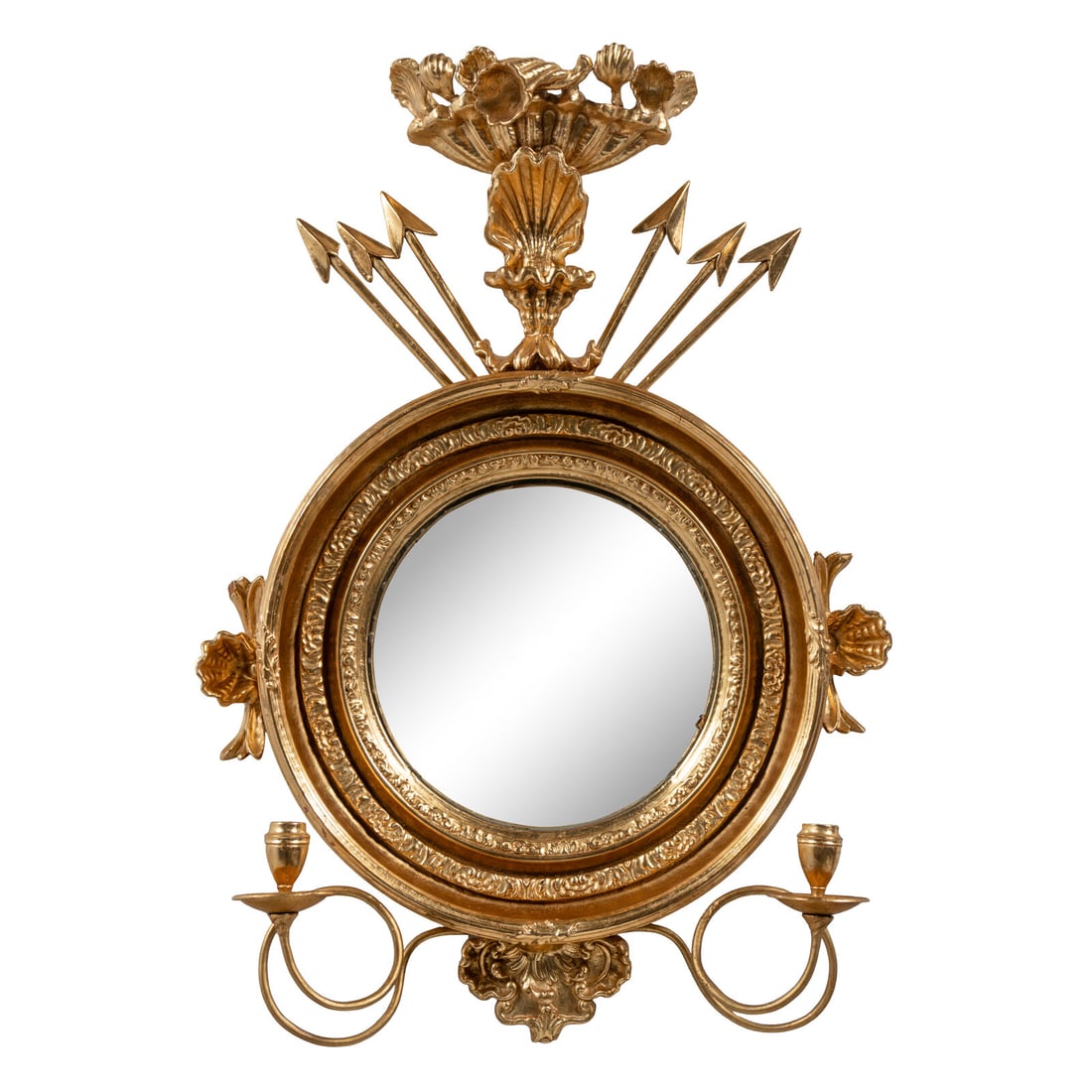 A Regency Giltwood Convex Girandole Mirror: A Regency Giltwood Convex Girandole Mirror Early 19th Century Height 32 x width 22 inches. Property of a California Collector This lot is located in Chicago. Provenance Bonhams, Los Angeles, The