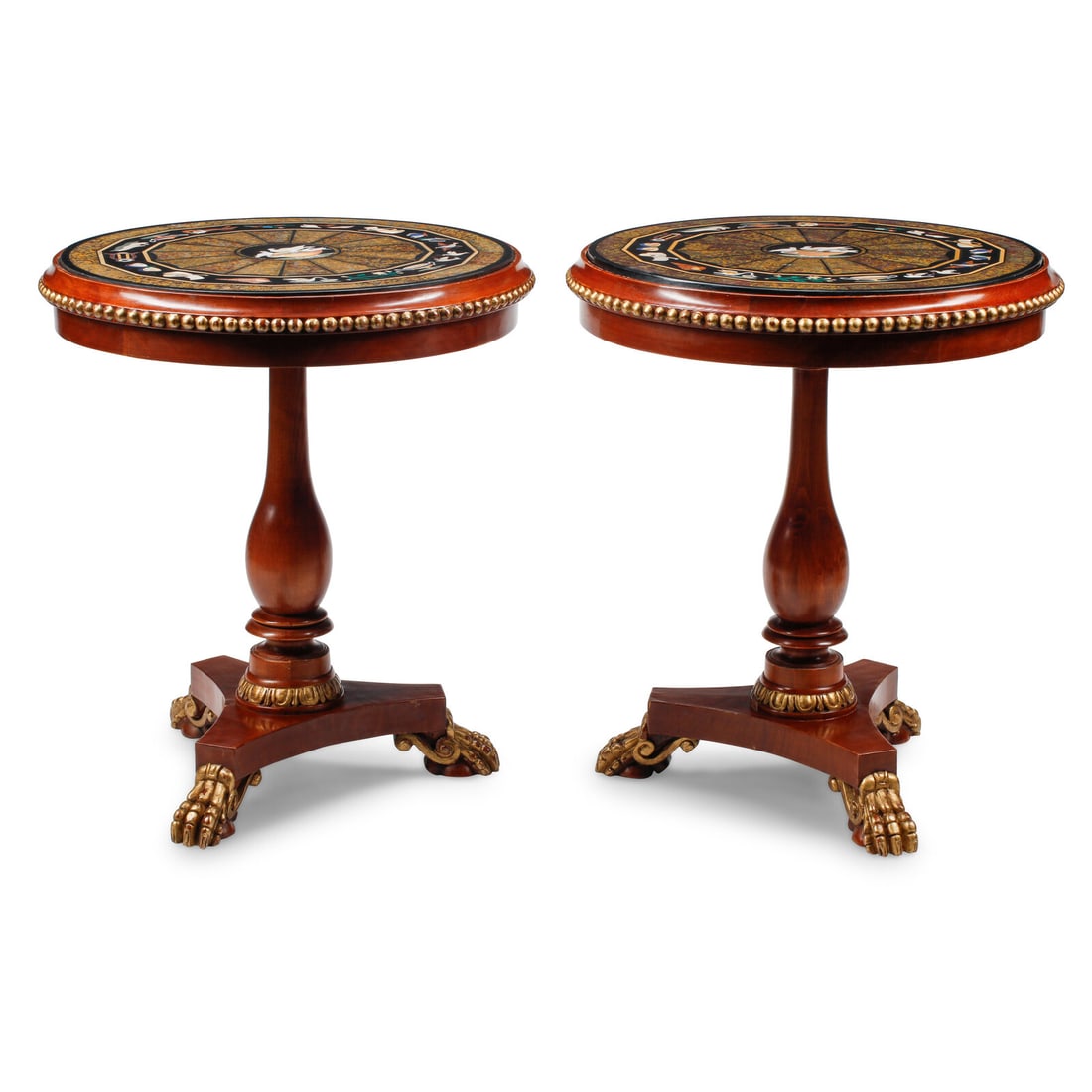 A Pair of Regency Style Pietra Dura, Mahogany and Parcel Gilt Side Tables: A Pair of Regency Style Pietra Dura, Mahogany and Parcel Gilt Side Tables 20th Century Height 29 1/2 x diameter 26 inches. This lot is located in Chicago.