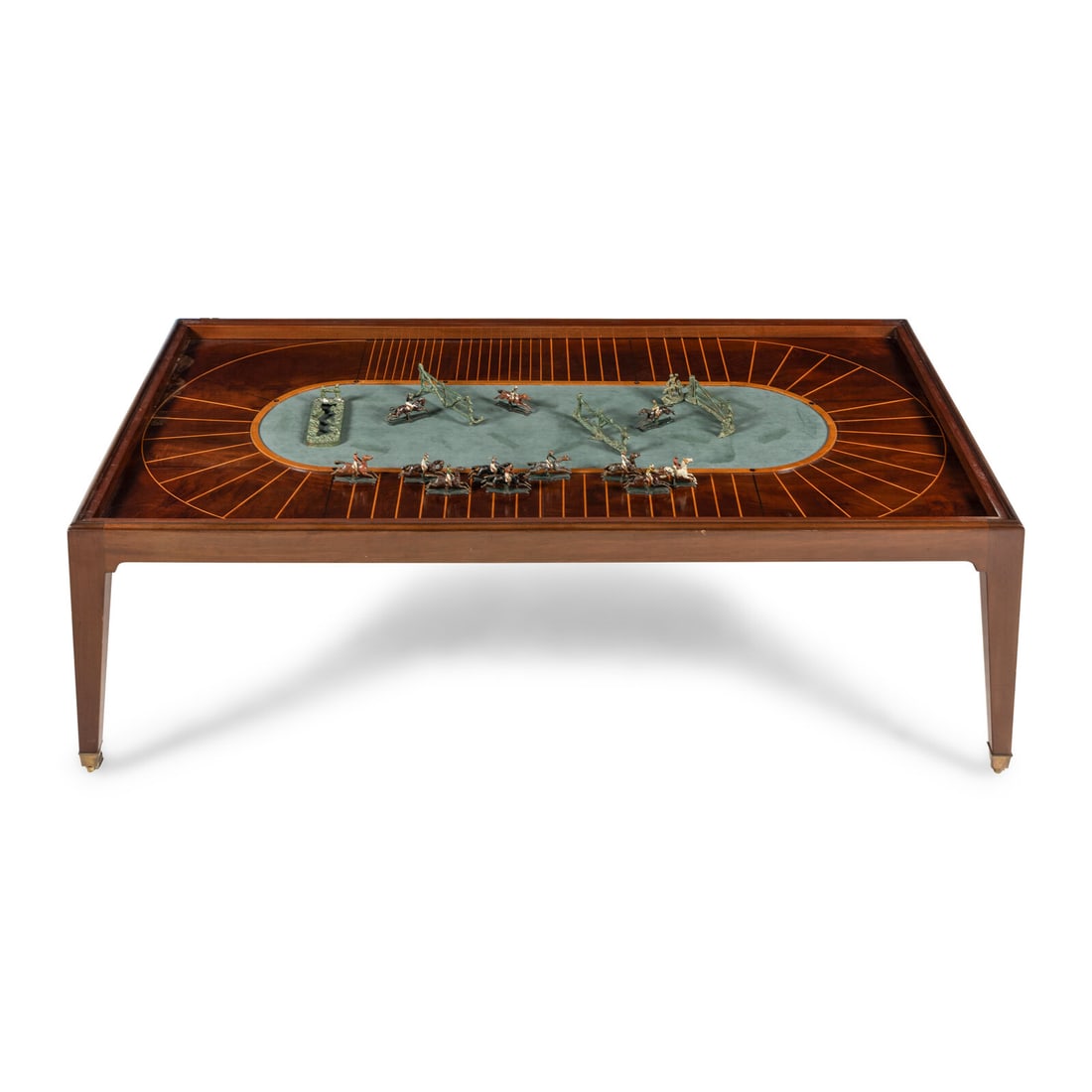An English Mahogany Steeplechase Game Board Adapted as a Low Table: An English Mahogany Steeplechase Game Board Adapted as a Low Table 20th Century with painted metal horses and gates and a glass top. Height 19 1/2 x width 54 1/2 x depth 28 1/2 inches. Property from