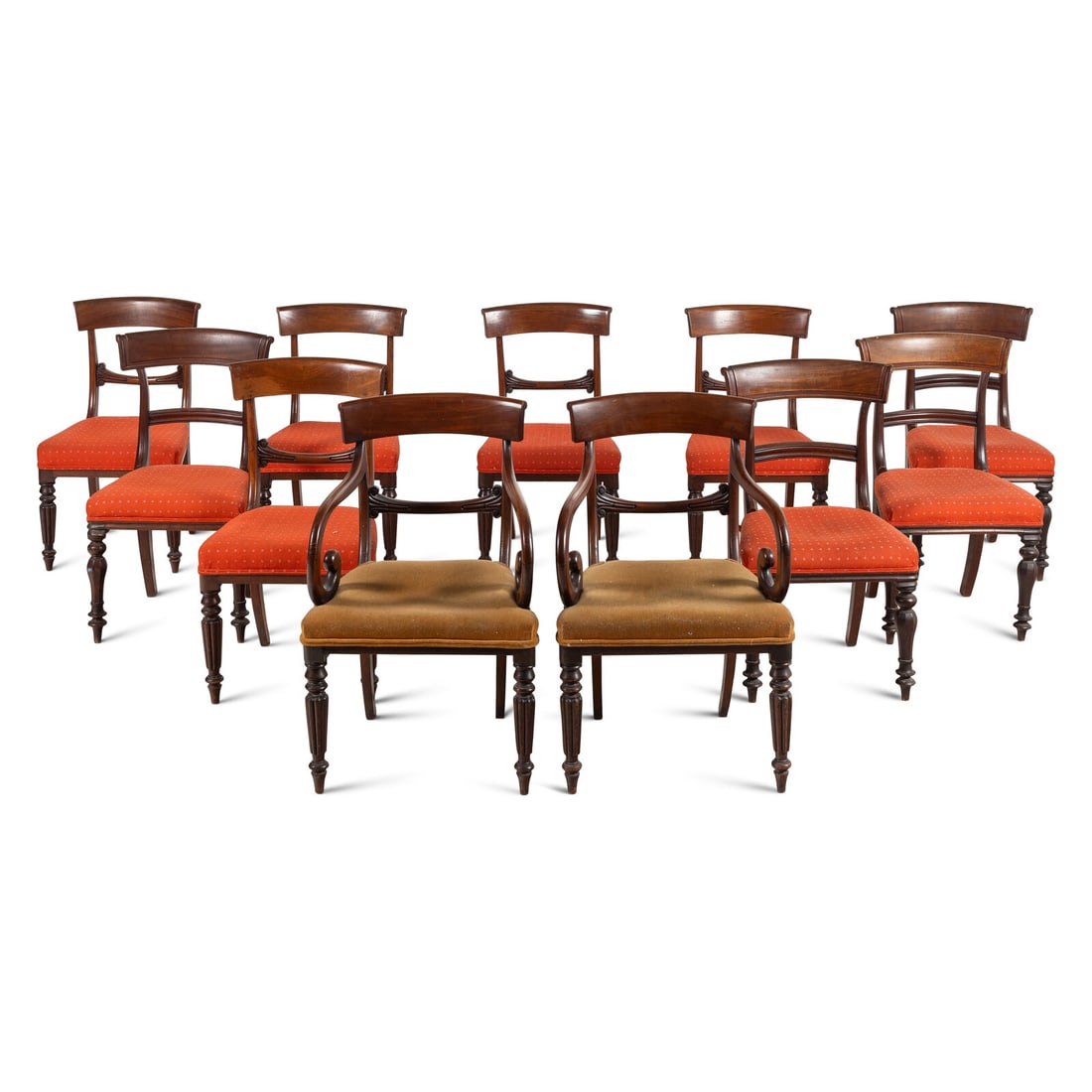 An Assembled Set of Eleven William IV Mahogany Dining Chairs: An Assembled Set of Eleven William IV Mahogany Dining Chairs Early 19th Century comprising two armchairs and nine side chairs. Height of armchair 34 1/2 x width 22 x depth 20 inches; height of side