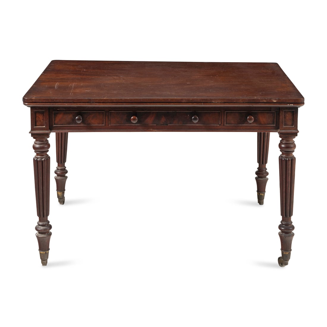 A William IV Mahogany Extension Occasional Table: A William IV Mahogany Extension Occasional Table Circa 1835 with drawers in apron and top lifting to reveal two draw leaves. Height 29 x width 45 x depth 35 inches (closed). This lot is located in