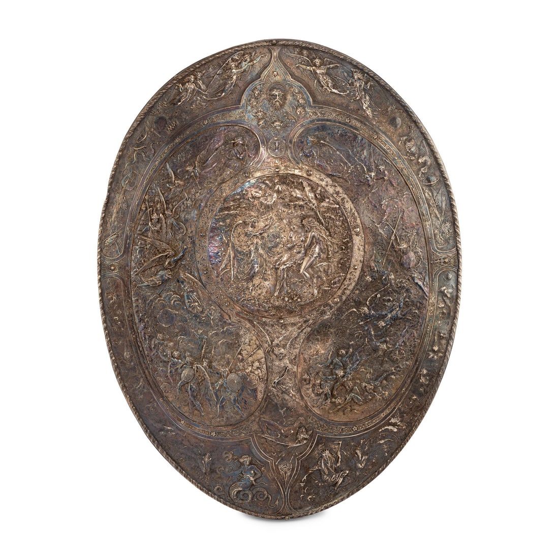 An Elkington and Co. Electroplate Model of The Milton Shield: An Elkington and Co. Electroplate Model of The Milton Shield Designed by Morel Ladeuil, Birmingham, Circa 1866 signed and dated 'Morel Ladeuil Fecit-1866'. Height 33 1/2 x width 25 1/2 inches.