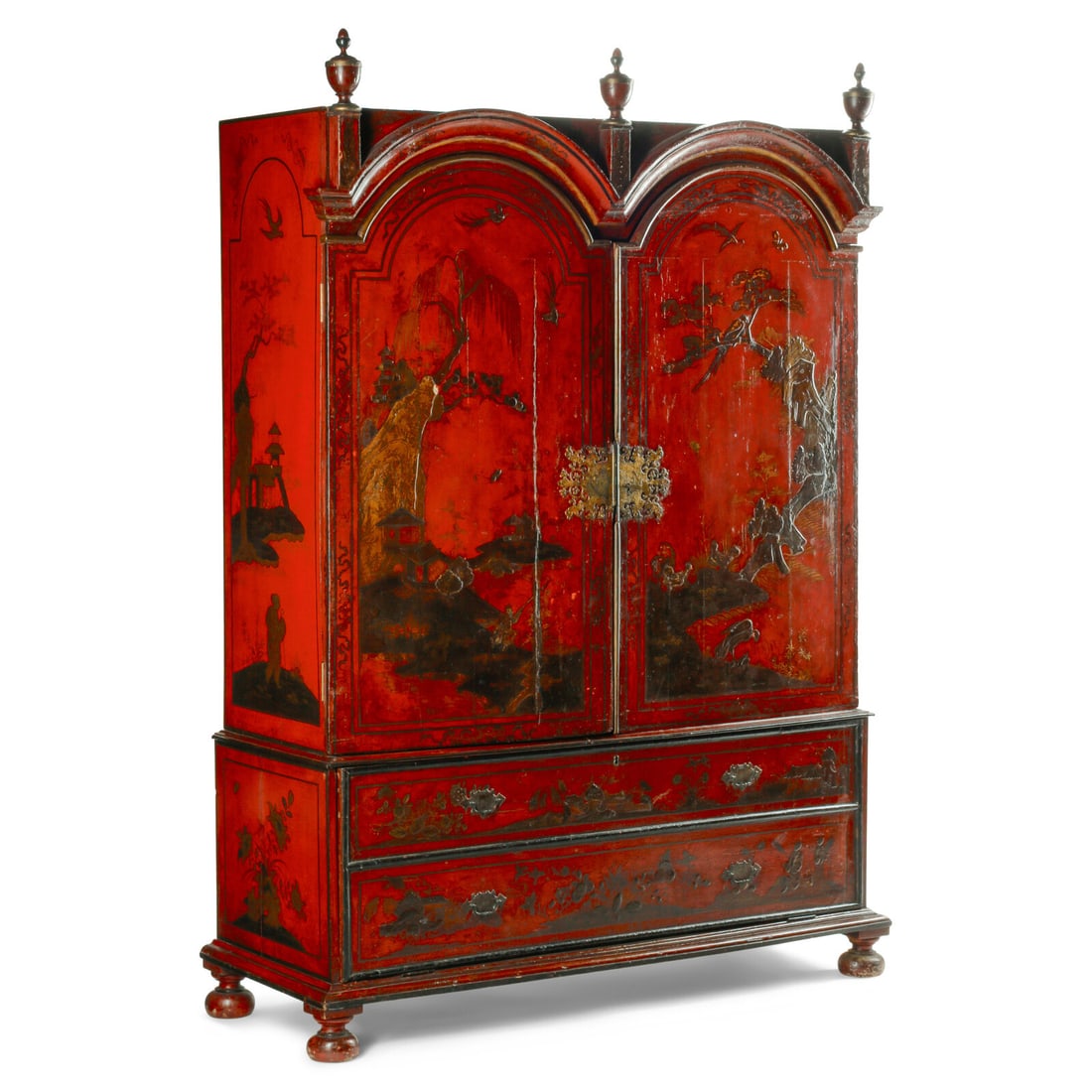 A Dutch Red Japanned Clothes Press: A Dutch Red Japanned Clothes Press Early 19th Century Height 82 x width 58 x depth 22 inches. This lot is located in Chicago.