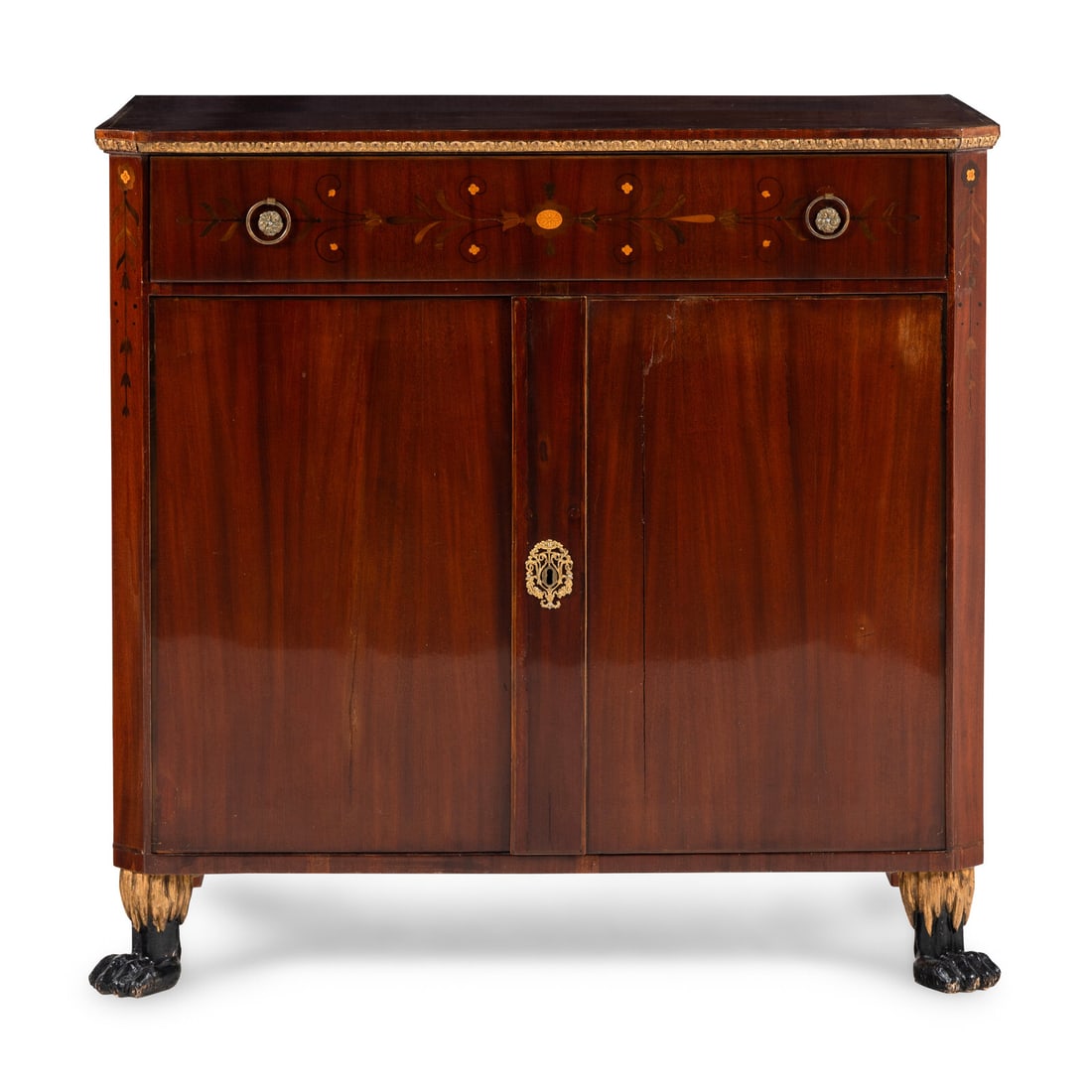 A North European Parcel Gilt Mahogany and Marquetry Dressing Cabinet: A North European Parcel Gilt Mahogany and Marquetry Dressing Cabinet 19th Century the top drawer opening to a dressing mirror. Height 35 1/2 x width 37 1/4 x depth 19 3/4 inches. Property from the