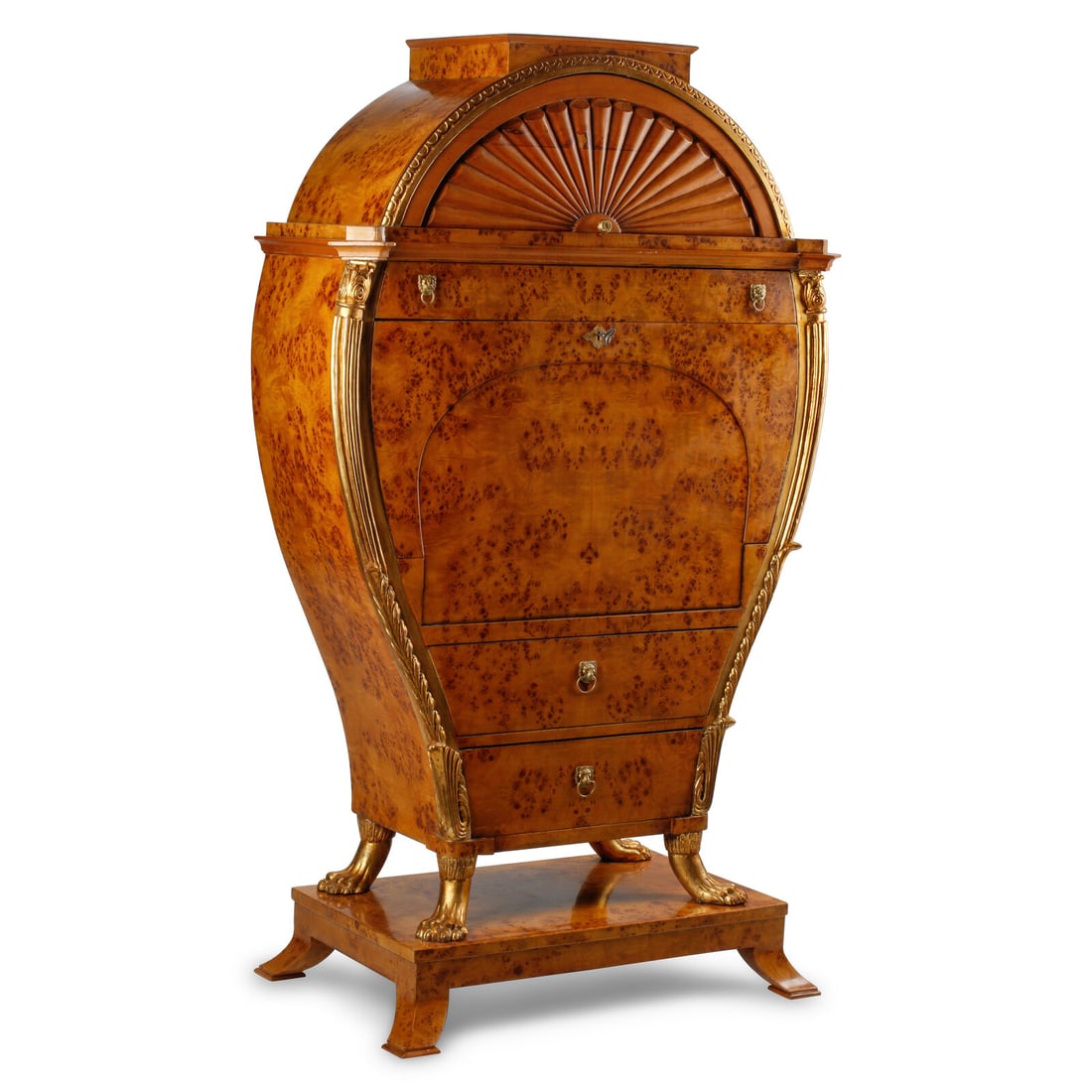 A Biedermeier Style Burlwood and Parcel Gilt Bureau Cabinet: A Biedermeier Style Burlwood and Parcel Gilt Bureau Cabinet 20th Century Height 71 x width 44 x depth 23 1/2 inches. This lot is located in Chicago.