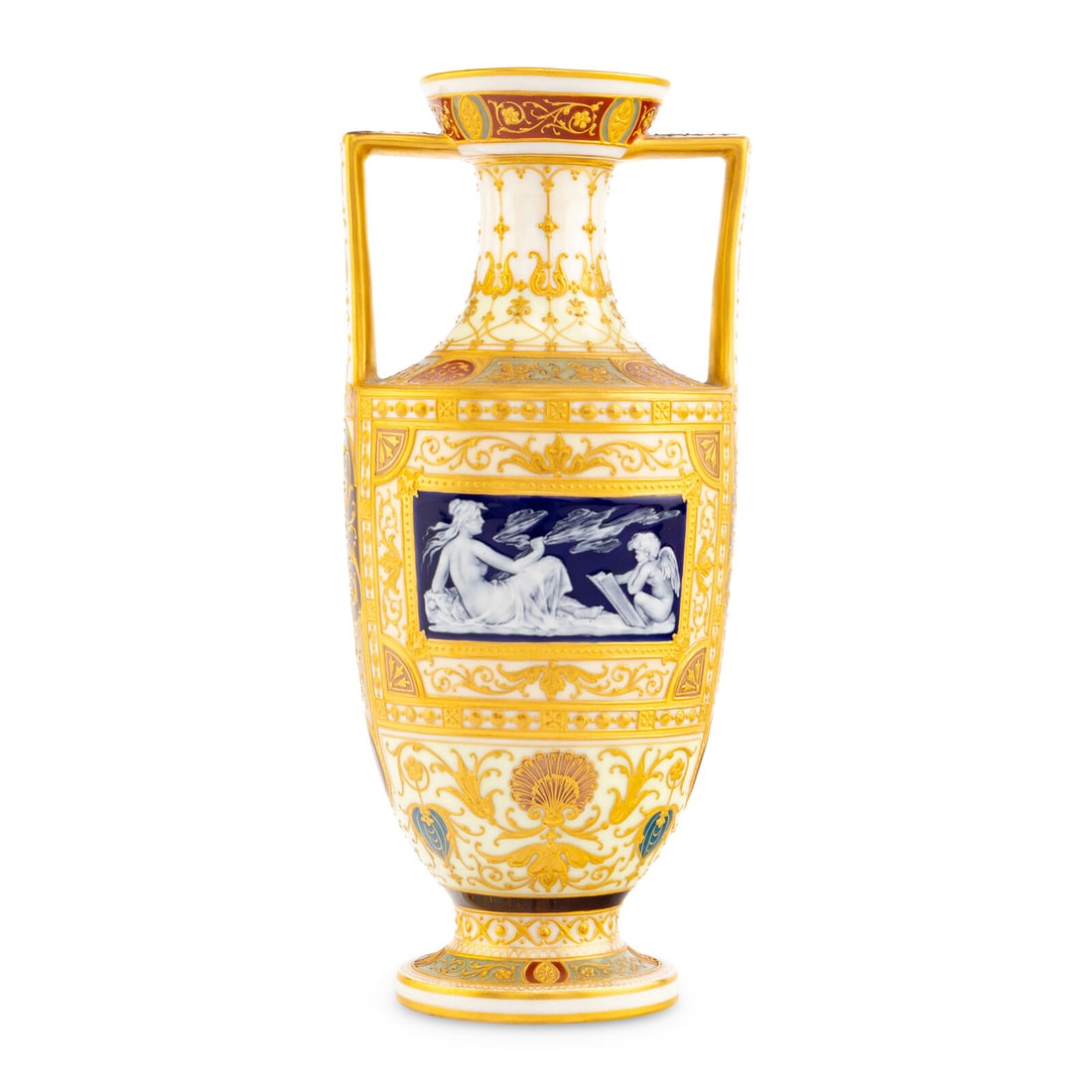 A Berlin (K.P.M.) P‚te-sur-P‚te Vase: A Berlin (K.P.M.) P‚te-sur-P‚te Vase Late 19th Century bearing sceptre mark in underglaze blue and the K.P.M orb mark in iron red to the underside. Height 7 1/4 x diameter 3 1/4 inches.
