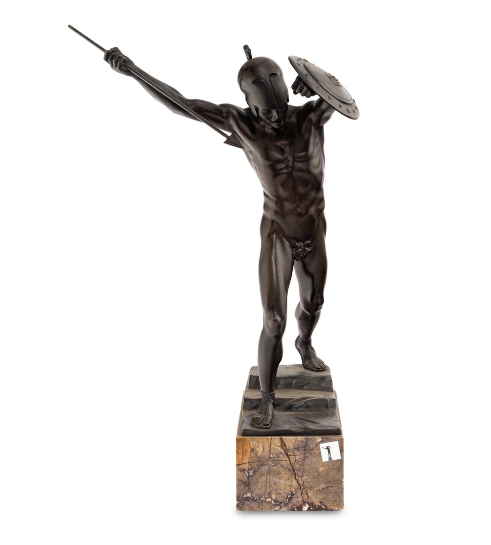 Otto Schmidt-Hofer (German, 1873-1925): Otto Schmidt-Hofer (German, 1873-1925) Greek Warrior cast and patinated bronze raised on a marble plinth signed Schmidt Hofer and Germany to base Height overall 26 1/4 x width 16 x depth 15 inches.