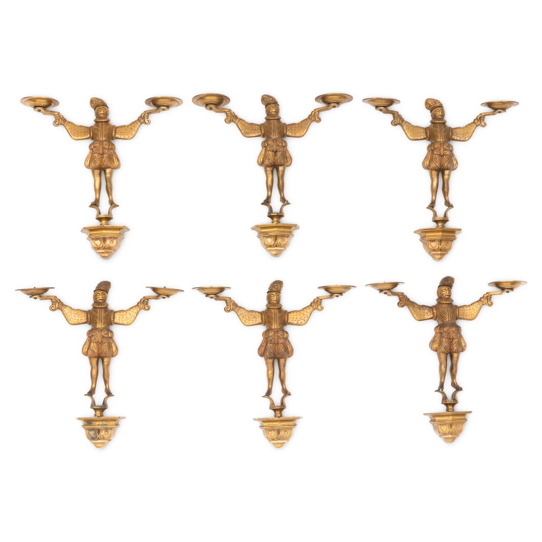 A Set of Six Brass Two-Arm Sconces: A Set of Six Brass Two-Arm Sconces Early 20th Century Height 15 x width 14 1/2 inches. Property from a South Florida Institution This lot is located in Chicago.