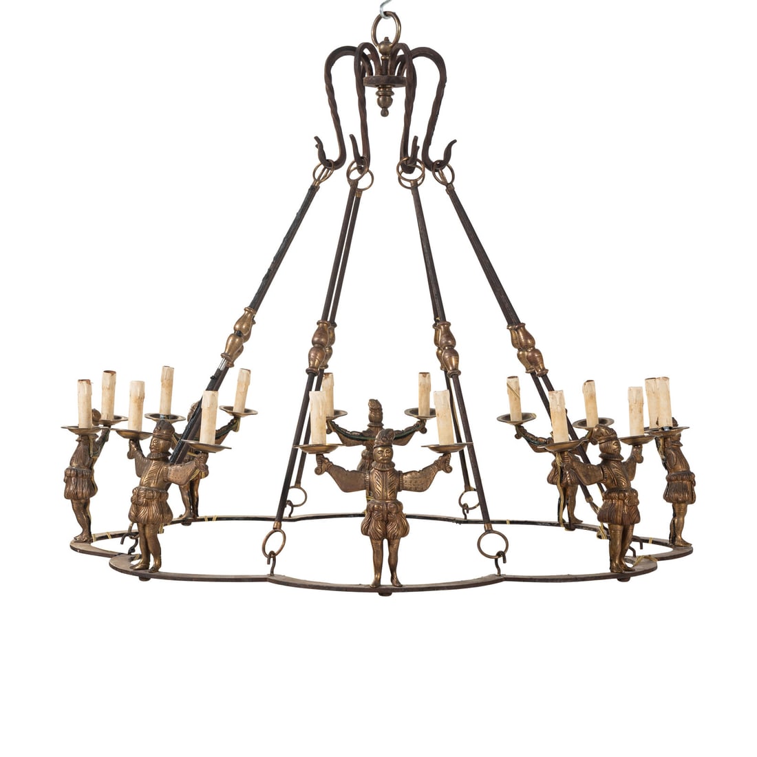 A Bronze and Iron Figural Sixteen-Light Chandelier: A Bronze and Iron Figural Sixteen-Light Chandelier Early 20th Century Height 44 x diameter 49 inches. Property from a South Florida Institution This lot is located in Chicago.