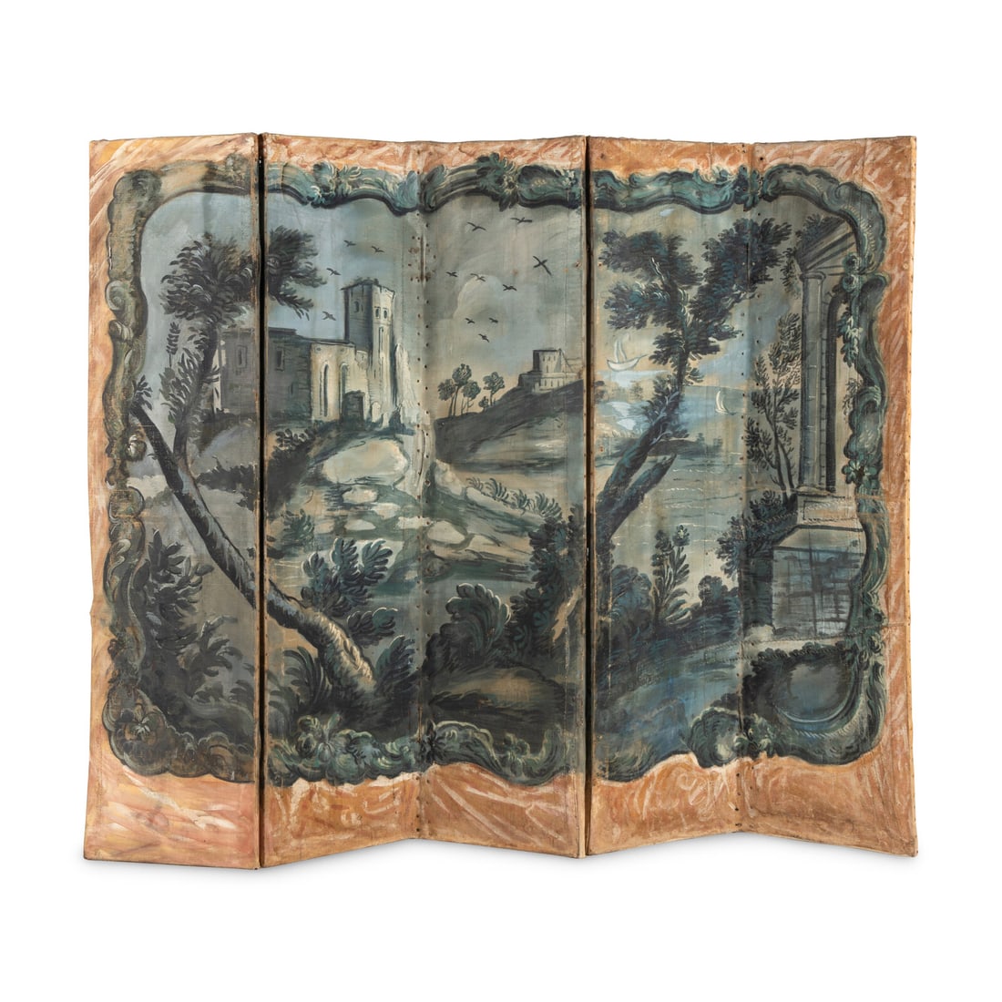 A Continental Painted Canvas Five-Panel Floor Screen (1 of 2)