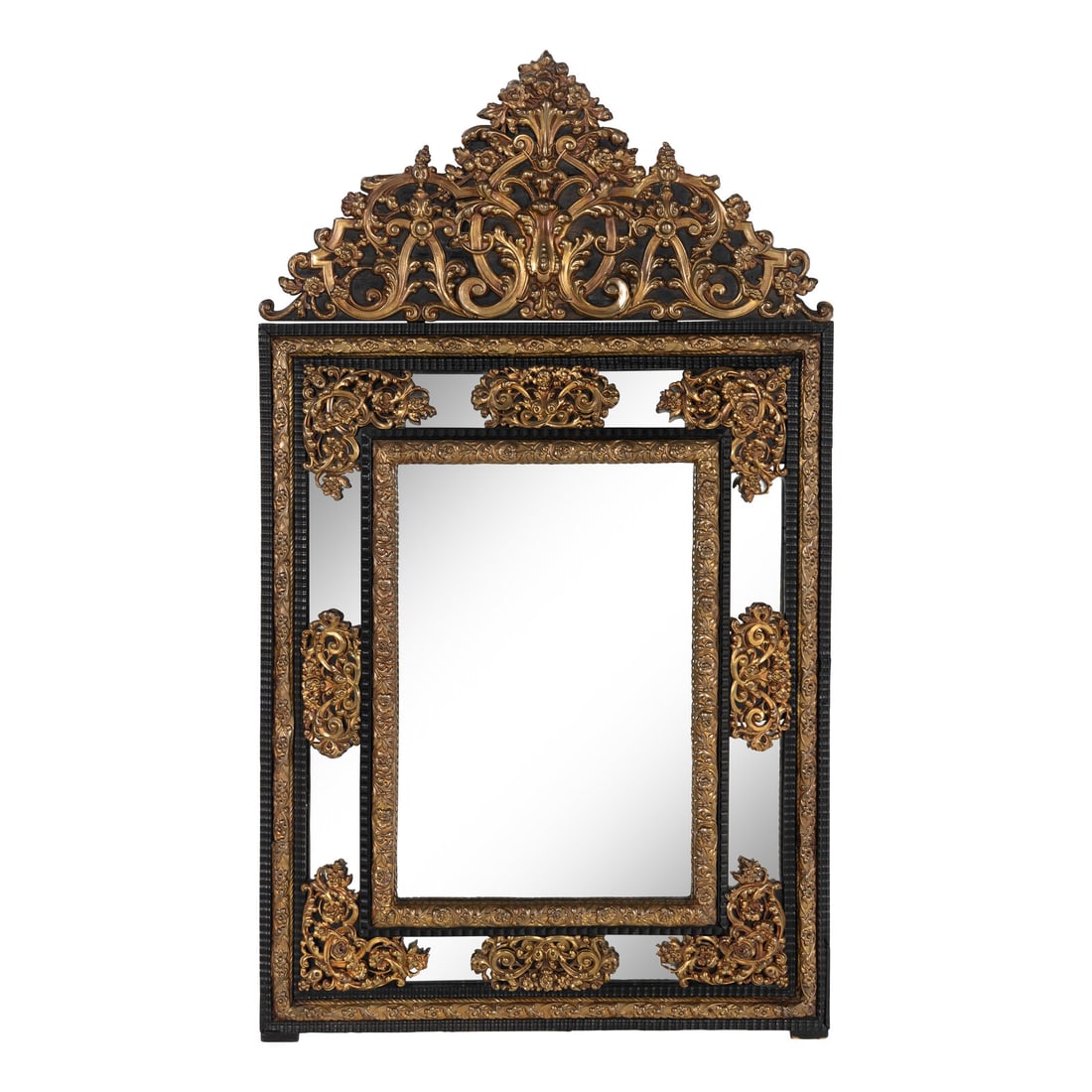 A Baroque Style Gilt Metal Mounted Ebonized Mirror: A Baroque Style Gilt Metal Mounted Ebonized Mirror 19th Century Height 50 1/2 x width 29 inches. Property of a California Collector This lot is located in Chicago. Provenance Bonhams, Los Angeles,