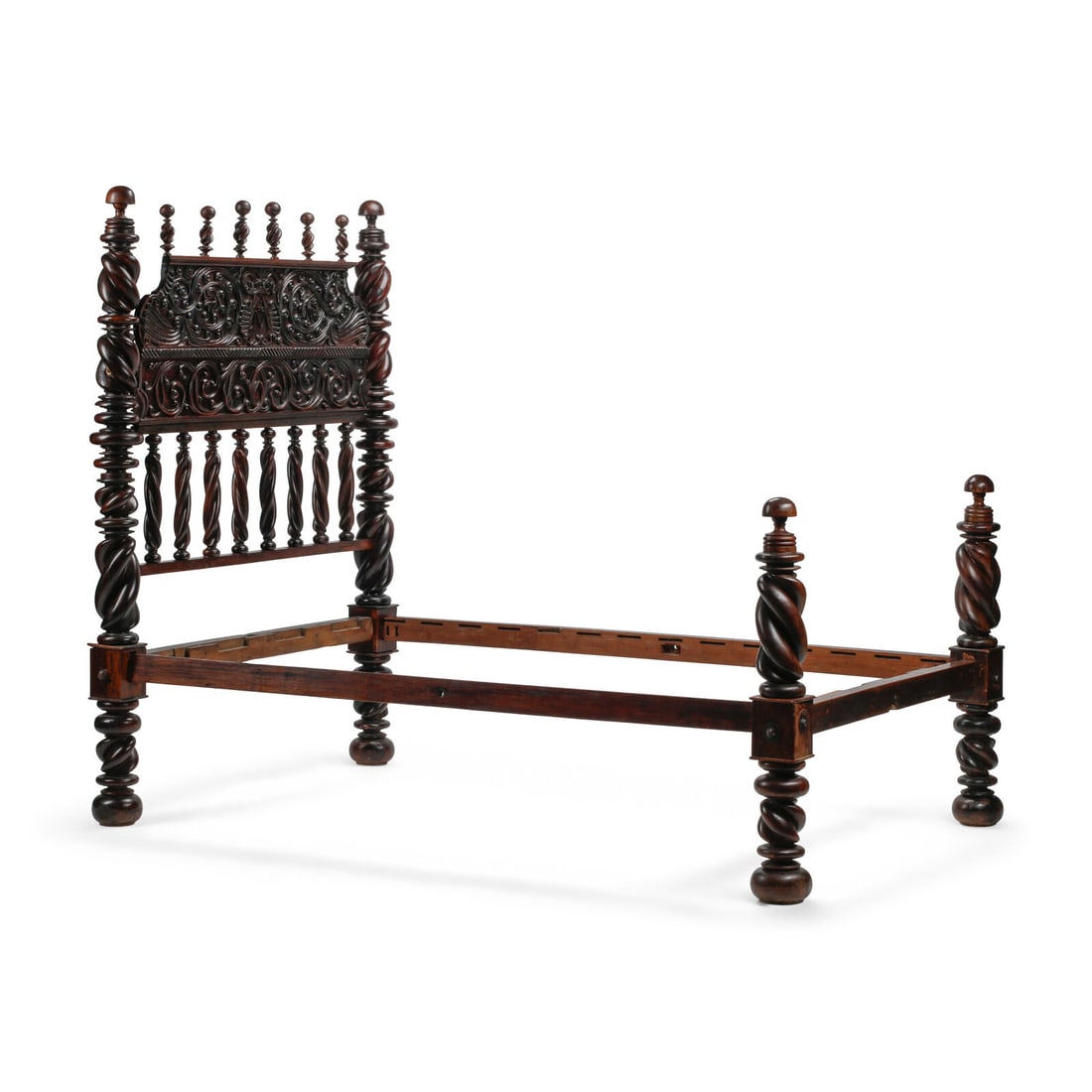 A Portuguese Turned Walnut Bed: A Portuguese Turned Walnut Bed 18th Century separating into four parts for moving. Height 71 x width 53 x depth 85 inches. This lot is located in Chicago.