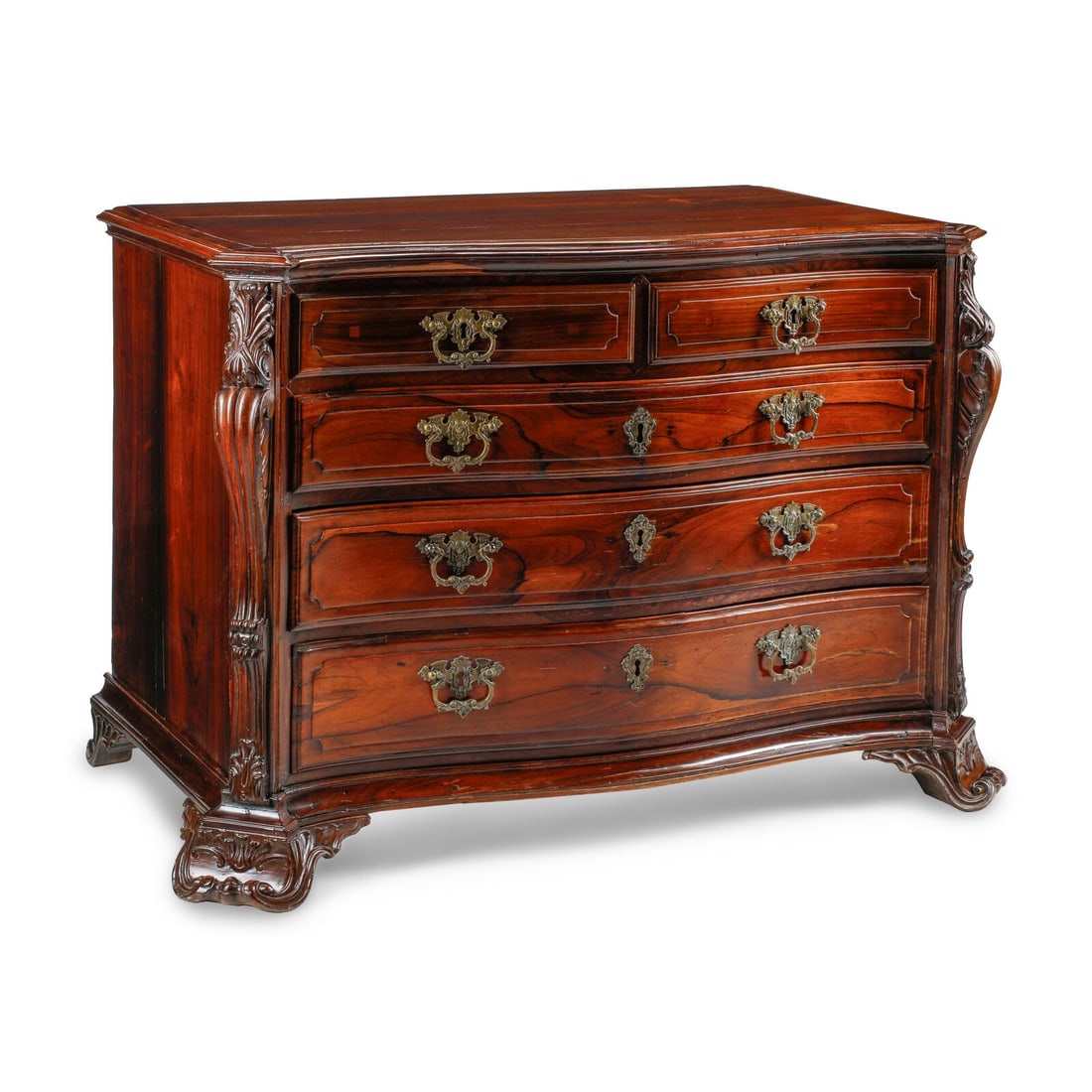 A Portuguese Carved Rosewood Chest of Drawers: A Portuguese Carved Rosewood Chest of Drawers Late 18th Century Height 36 x width 50 x depth 29 inches. This lot is located in Chicago.