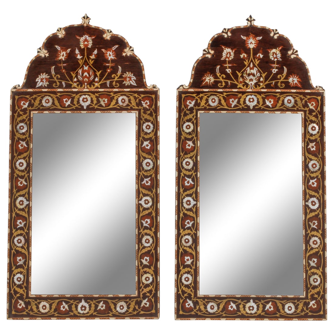 A Pair of Iberian Marquetry Mirrors: A Pair of Iberian Marquetry Mirrors 20th Century Height 47 x width 23 1/2 inches. This lot is located in Chicago.