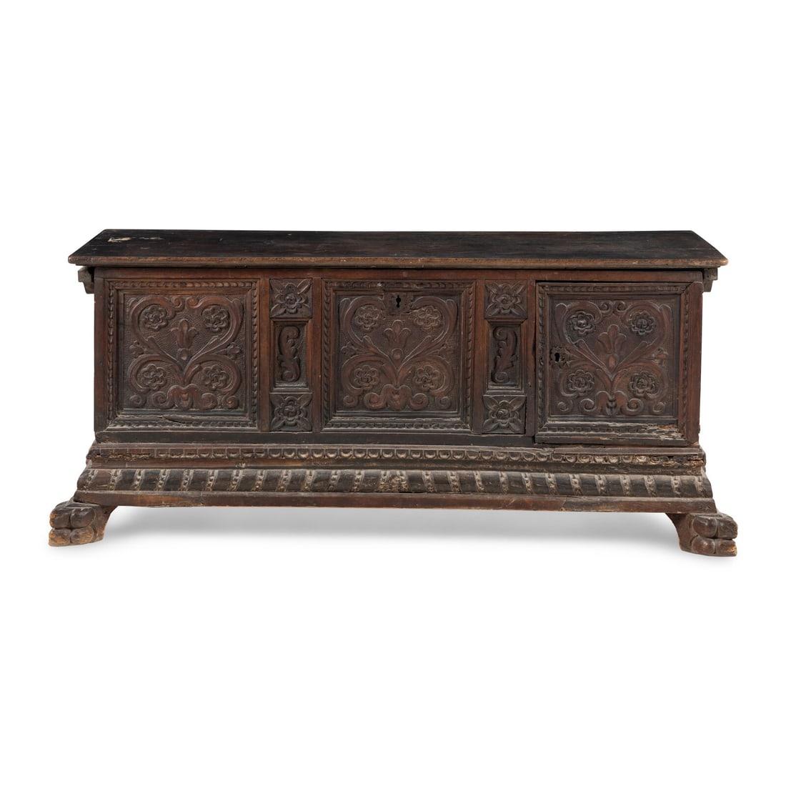 A Baroque Carved Walnut Coffer: A Baroque Carved Walnut Coffer Probably South European, Late 17th/Early 18th Century Height 24 1/4 x width 57 3/4 x depth 23 inches. This lot is located in Chicago. Provenance Collection of Caroline