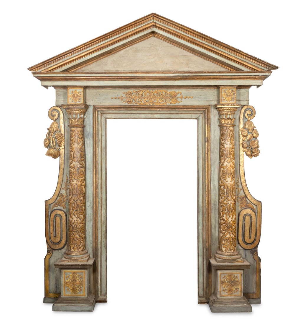 An Italian Baroque Painted and Parcel Gilt Portal: An Italian Baroque Painted and Parcel Gilt Portal Late 17th/Early 18th Century Height 124 x width 101 x depth 15 inches. Property from the Collection of Bill Miller, Nashville, Tennessee This lot is