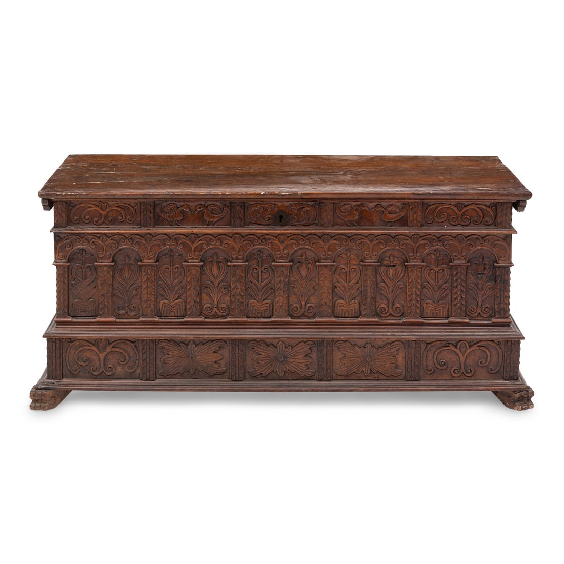 An Italian Walnut Cassone: An Italian Walnut Cassone 17th Century Height 25 x width 57 x depth 22 inches. Property from a South Florida Institution This lot is located in Chicago.