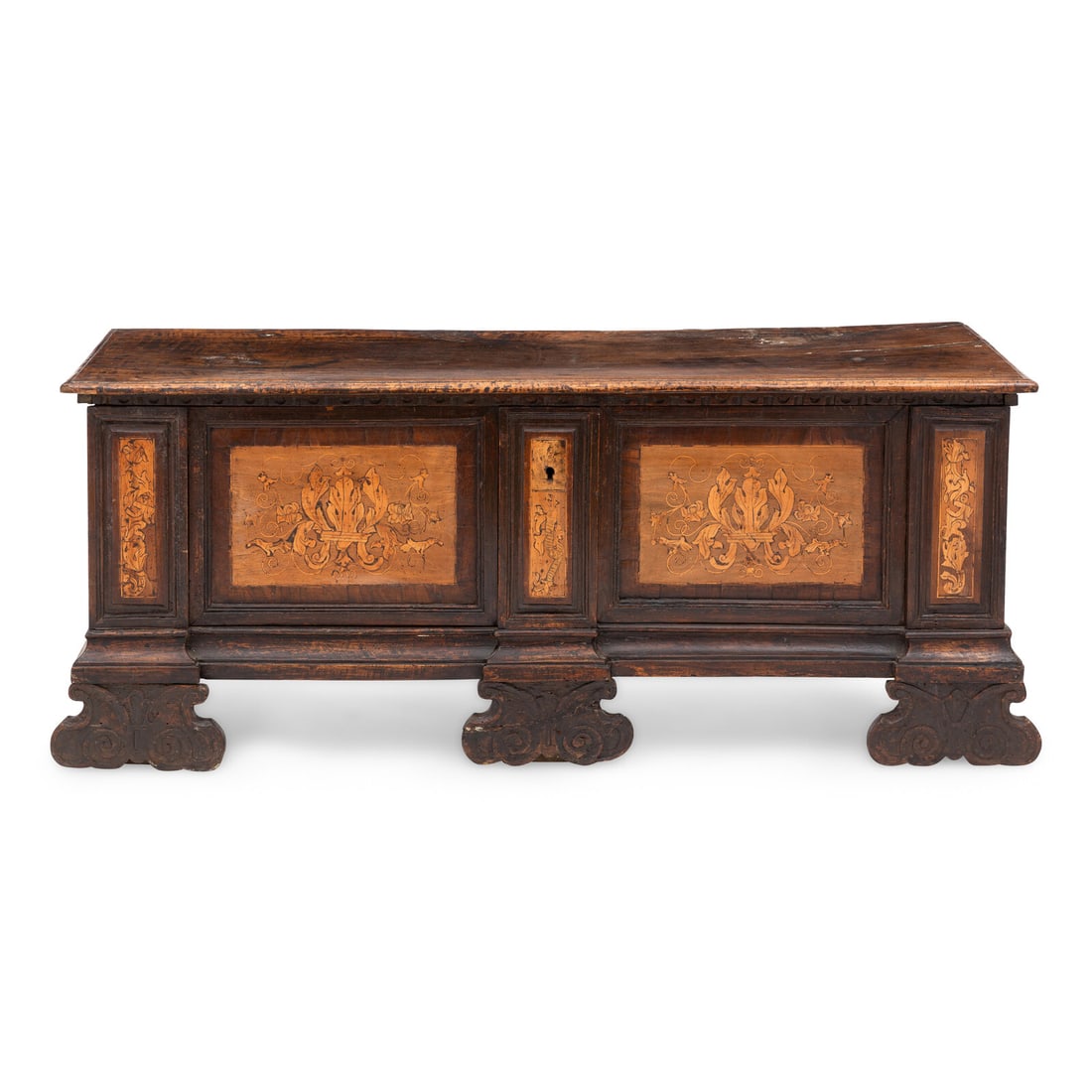 An Italian Walnut and Marquetry Cassone: An Italian Walnut and Marquetry Cassone 17th Century and Later Height 27 3/8 x width 67 x depth 22 inches. Property from a South Florida Institution This lot is located in Chicago.