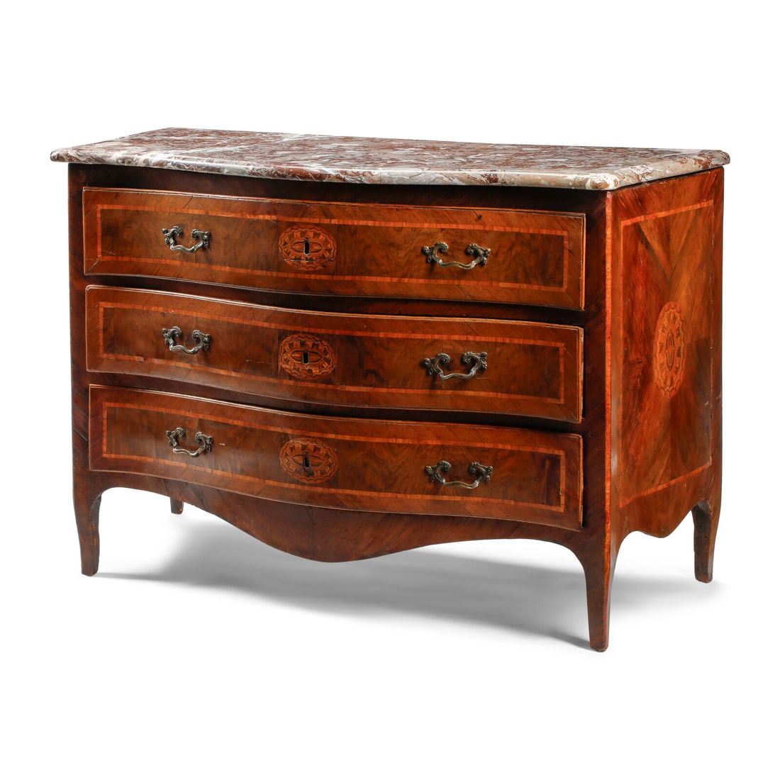 An Italian Walnut and Marquetry Marble-Top Commode: An Italian Walnut and Marquetry Marble-Top Commode Naples, Late 18th Century Height 38 x width 57 x depth 26 1/2 inches. This lot is located in Chicago.