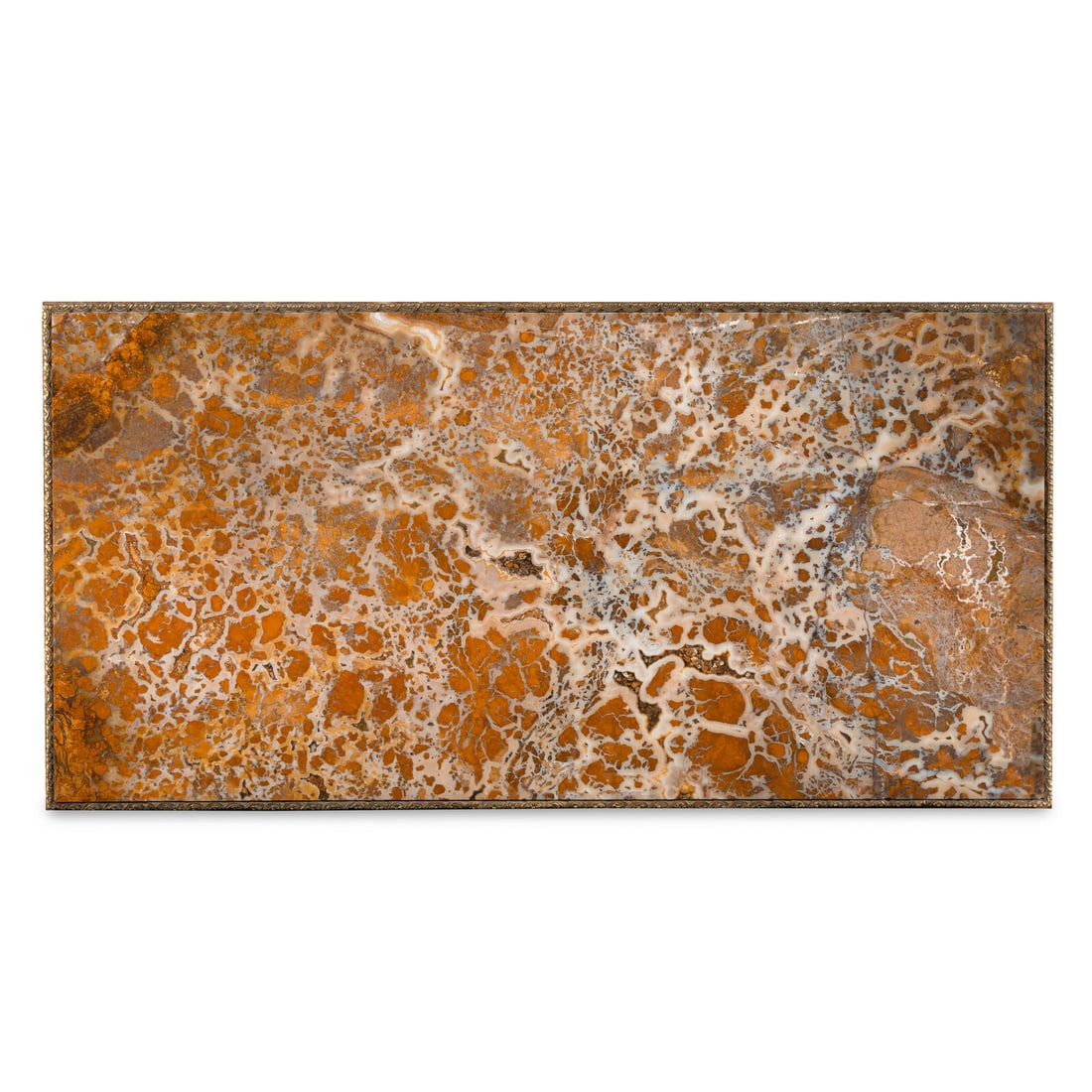 An Italian Gilt Bronze Mounted Sicilian Yellow Jasper Table Top: An Italian Gilt Bronze Mounted Sicilian Yellow Jasper Table Top 19th Century, Possibly Cut-Down from a Larger and Earlier Slab and Subsequently Re-Laid Width 35 1/4 x depth 17 3/4 inches. Property of