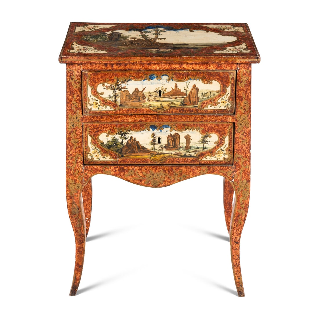 An Italian Polychrome Painted and Decoupage Side Table: An Italian Polychrome Painted and Decoupage Side Table 19th Century Height 31 1/4 x width 22 3/4 x depth 14 inches. Property of a California Collector This lot is located in Chicago. Provenance