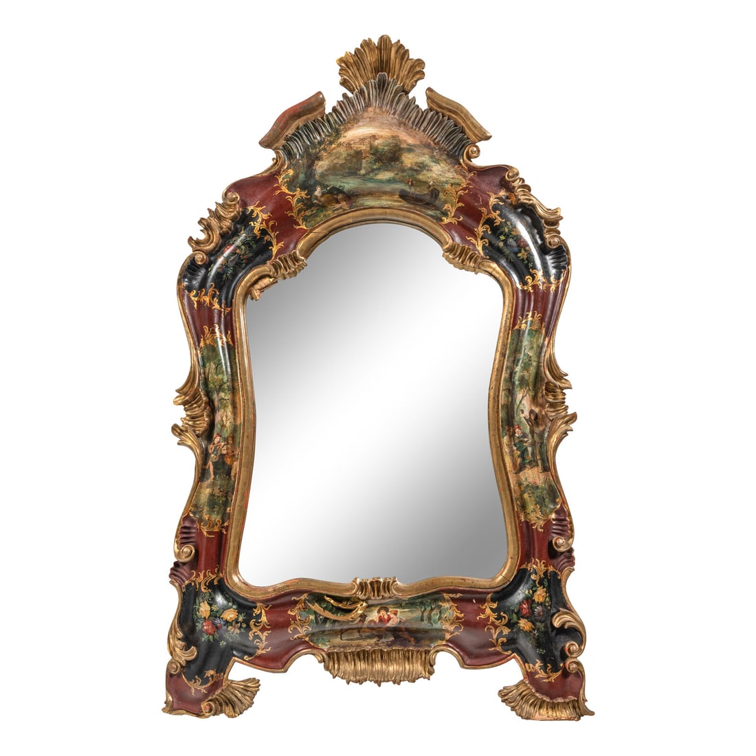 A Venetian Rococo Style Polychrome Painted and Parcel Gilt Mirror: A Venetian Rococo Style Polychrome Painted and Parcel Gilt Mirror Mid-20th Century bearing a label for 'Macey Fowler / New York Boston' to back. Height 49 1/2 x width 29 inches. Property of a