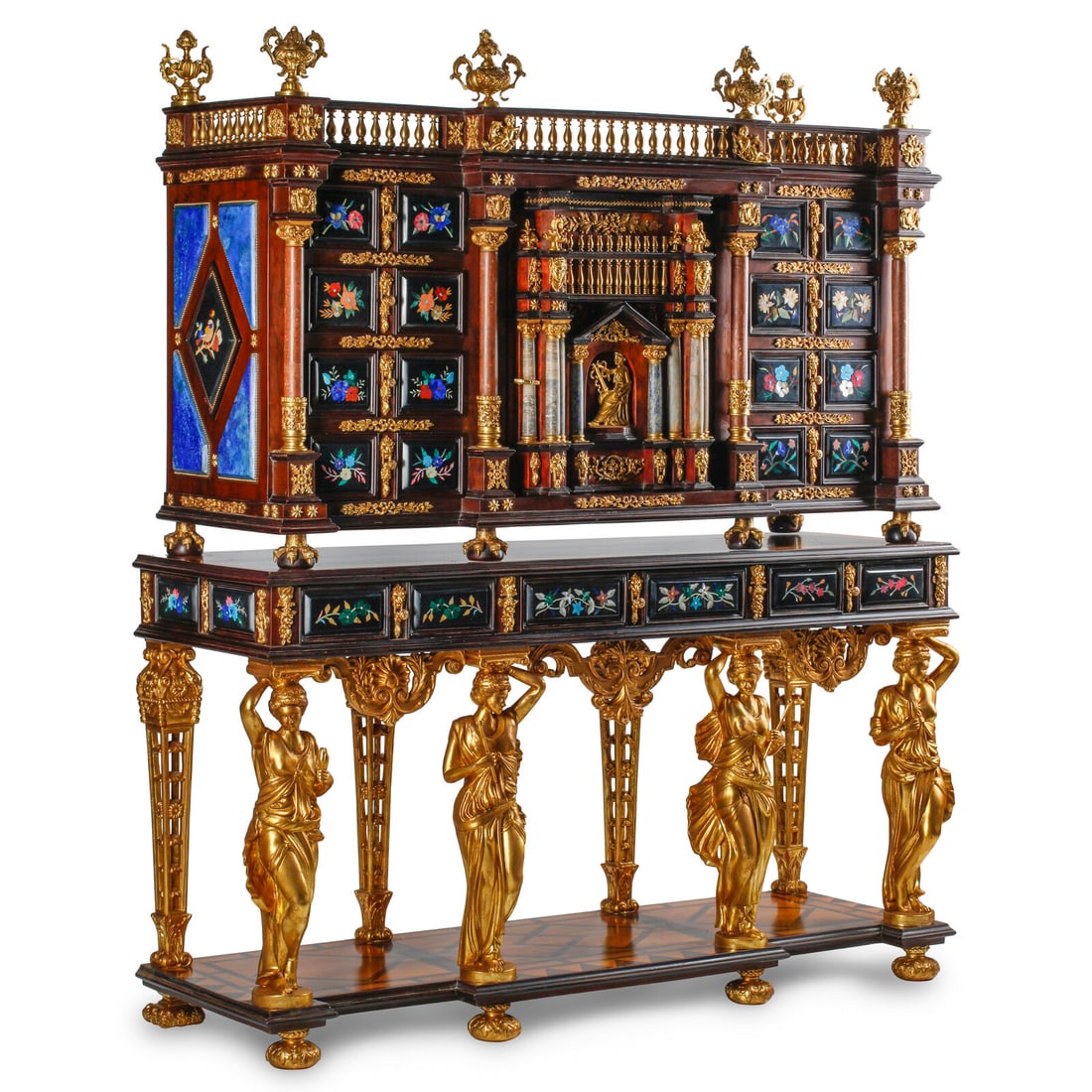 An Italian Baroque Style Gilt Bronze Mounted Pietra Dura, Lapis Lazuli and Giltwood Cabinet on Stand: An Italian Baroque Style Gilt Bronze Mounted Pietra Dura, Lapis Lazuli and Giltwood Cabinet on Stand 20th Century Heigh 82 x width 70 1/2 x depth 23 inches. This lot is located in Chicago.