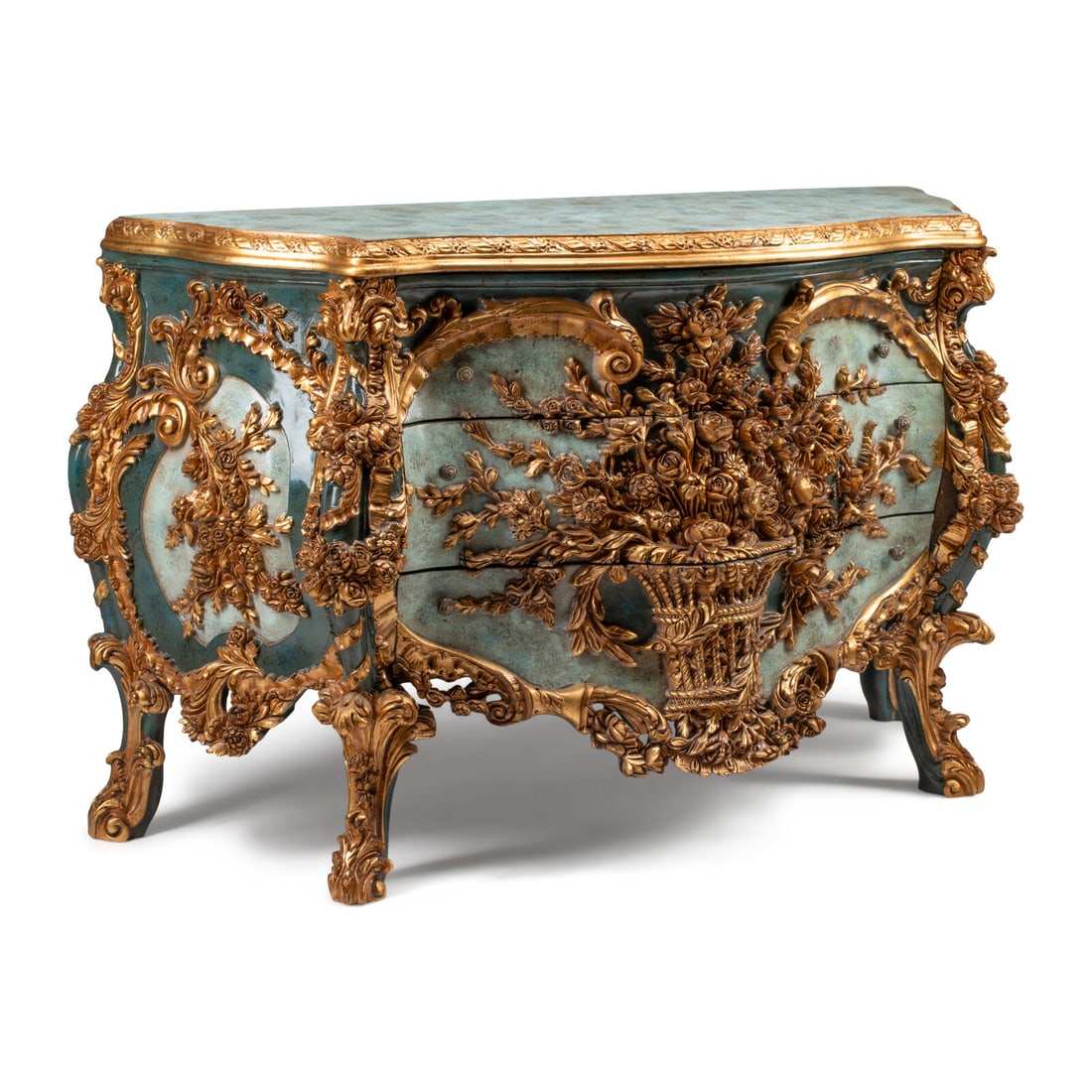 An Italian Carved, Painted and Parcel Gilt Commode: An Italian Carved, Painted and Parcel Gilt Commode 20th Century Height 37 x width 63 x depth 21 inches. This lot is located in Chicago.