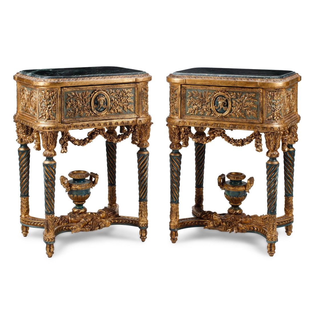 A Pair of Italian Neoclassical Style Green-Painted and Parcel Gilt Marble-Top Tables (1 of 2)