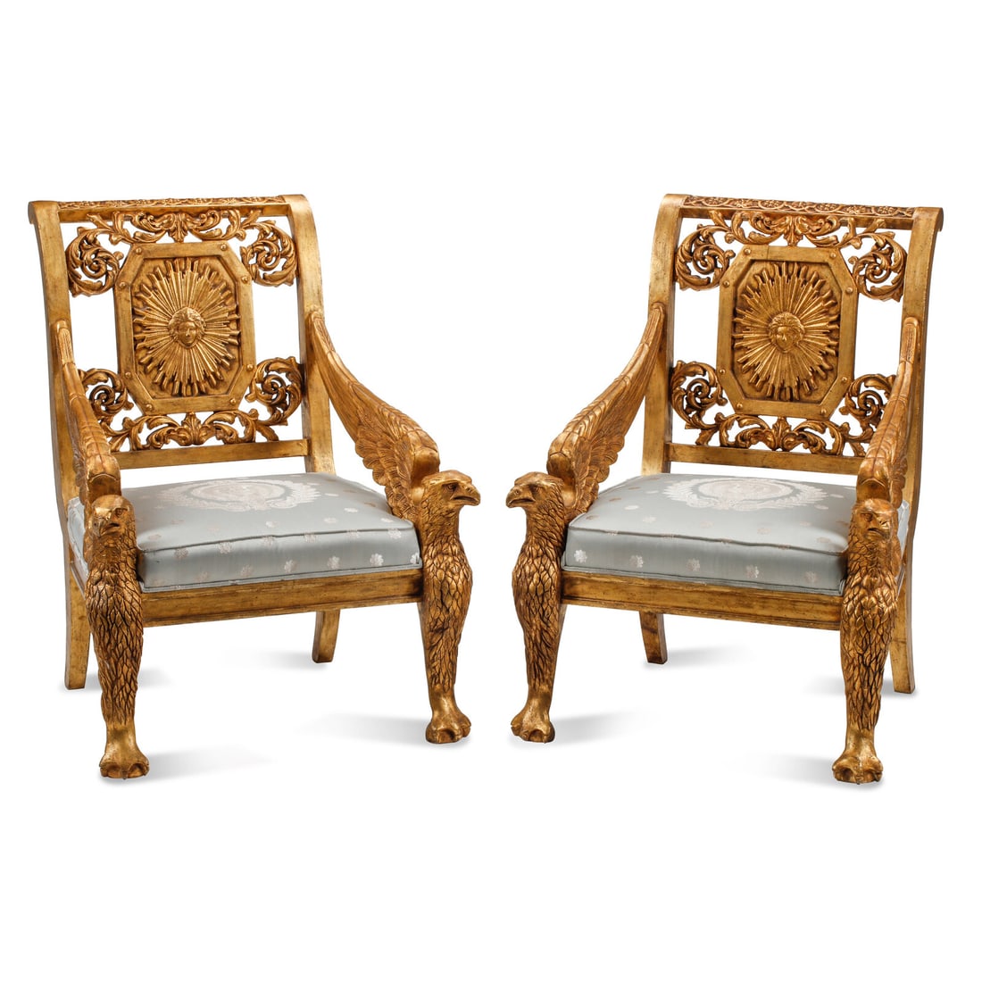 A Pair of Italian Neoclassical Style Giltwood Armchairs: A Pair of Italian Neoclassical Style Giltwood Armchairs 20th Century Height 39 x width 29 x depth 28 inches. This lot is located in Chicago.