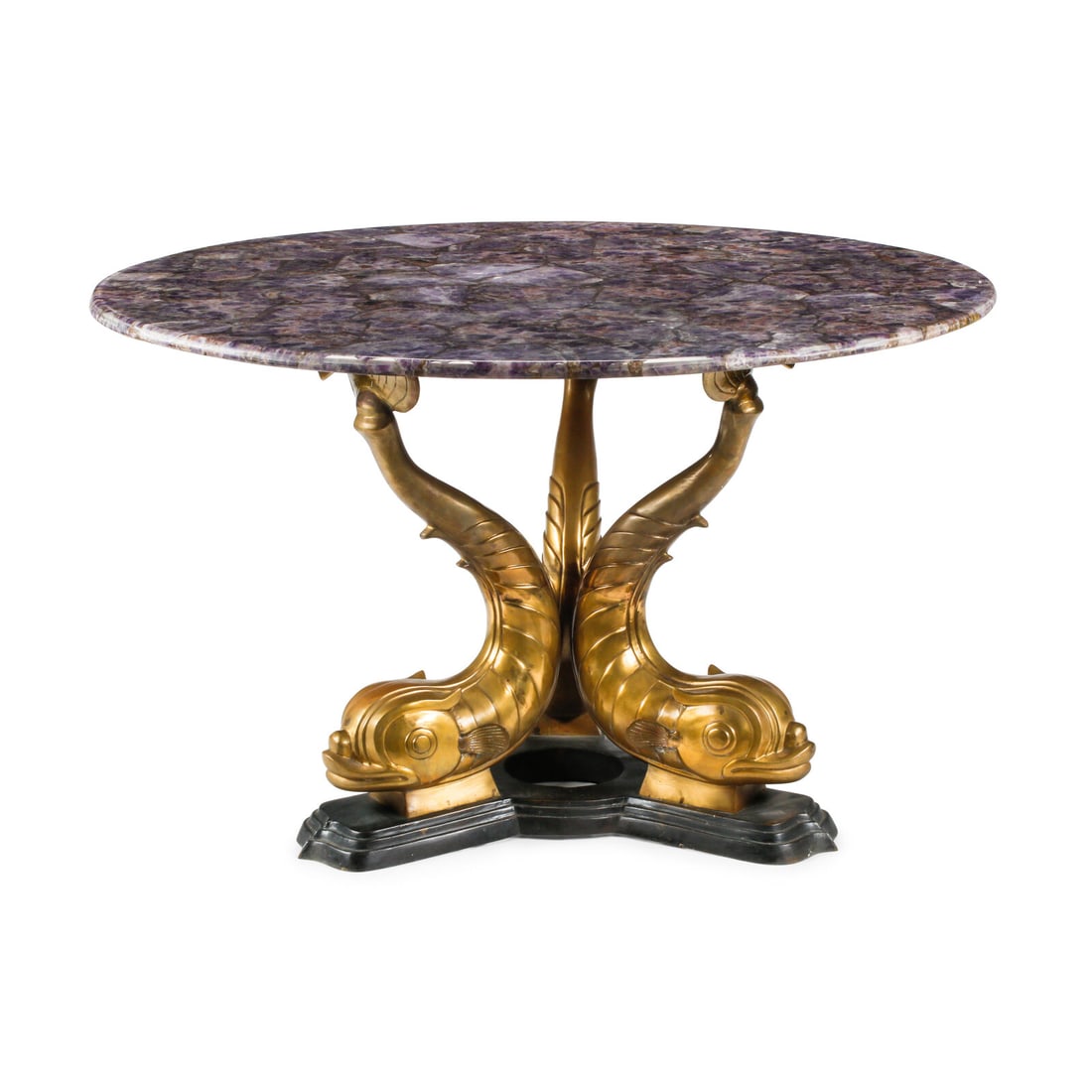 A Neoclassical Style Patinated and Gilt Bronze Amethyst-Top Table: A Neoclassical Style Patinated and Gilt Bronze Amethyst-Top Table 20th Century Height 31 x diameter of top 49 inches. This lot is located in Chicago.