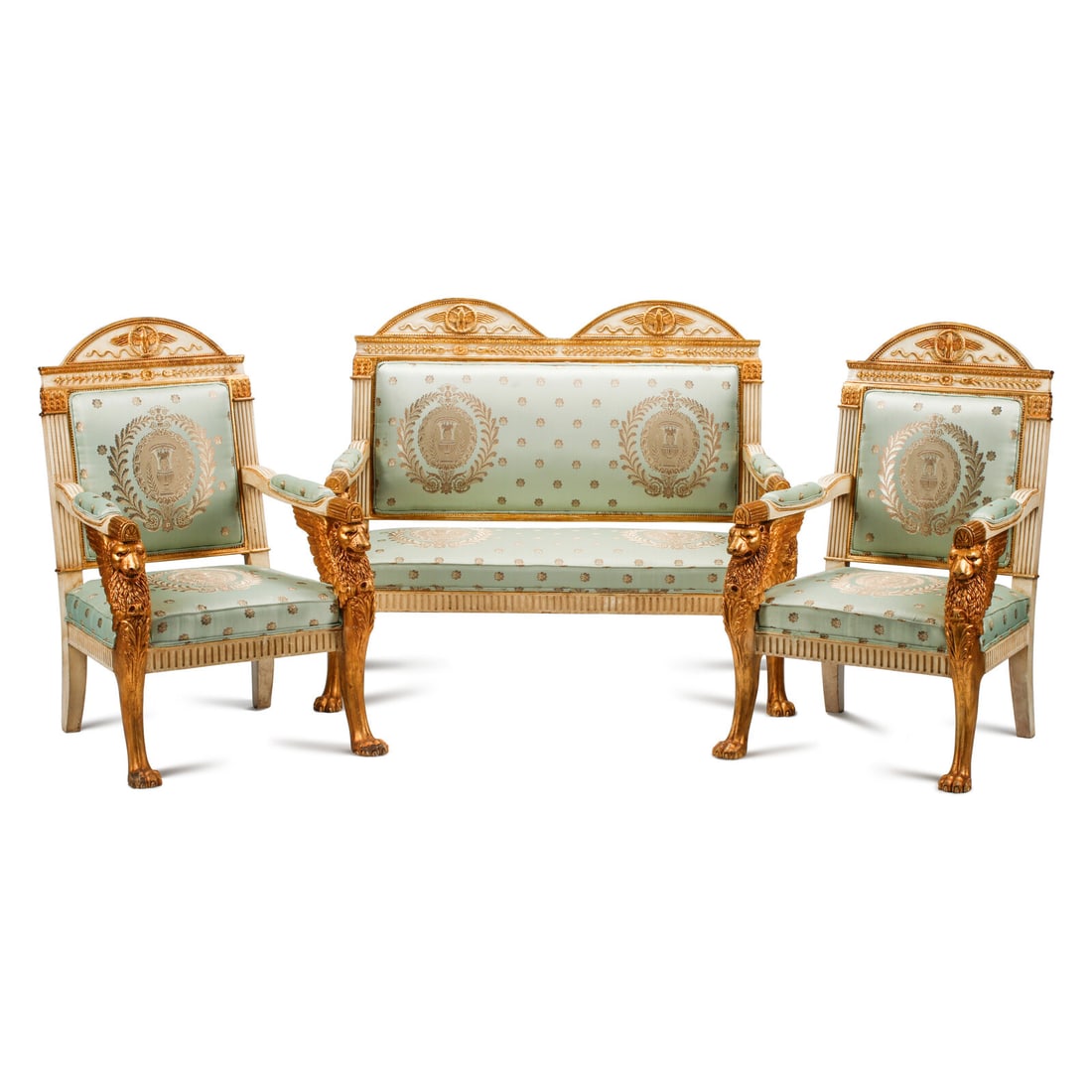 An Italian Neoclassical Style Painted and Parcel Gilt Three-Piece Seating Suite: An Italian Neoclassical Style Painted and Parcel Gilt Three-Piece Seating Suite 20th Century Height of sofa 45 x width 54 x depth 28 inches; height of armchairs 45 x width 28 x depth 28 inches. This l