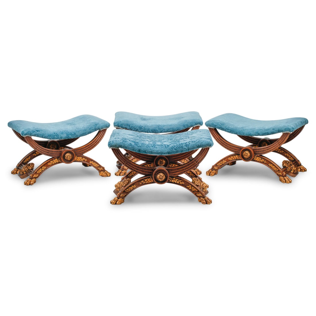 A Set of Four Italian Neoclassical Style Carved and Parcel Gilt Walnut Benches: A Set of Four Italian Neoclassical Style Carved and Parcel Gilt Walnut Benches 20th Century Height 18 x width 28 x depth 20 inches. This lot is located in Chicago.