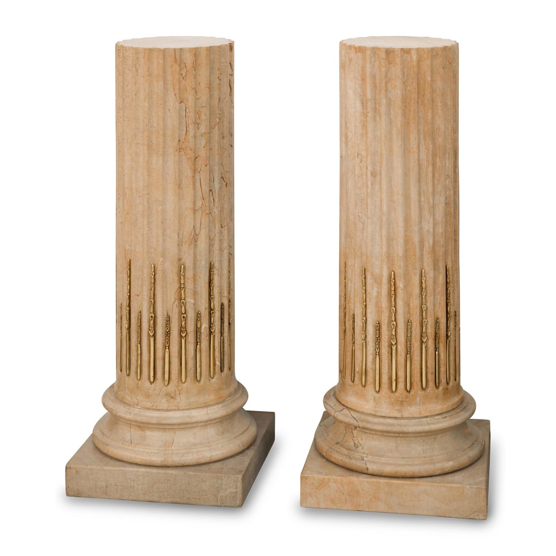 A Pair of Gilt Bronze Mounted Fluted Marble Pedestals: A Pair of Gilt Bronze Mounted Fluted Marble Pedestals 20th Century Height 40 x width 16 x depth 16 inches. This lot is located in Chicago.