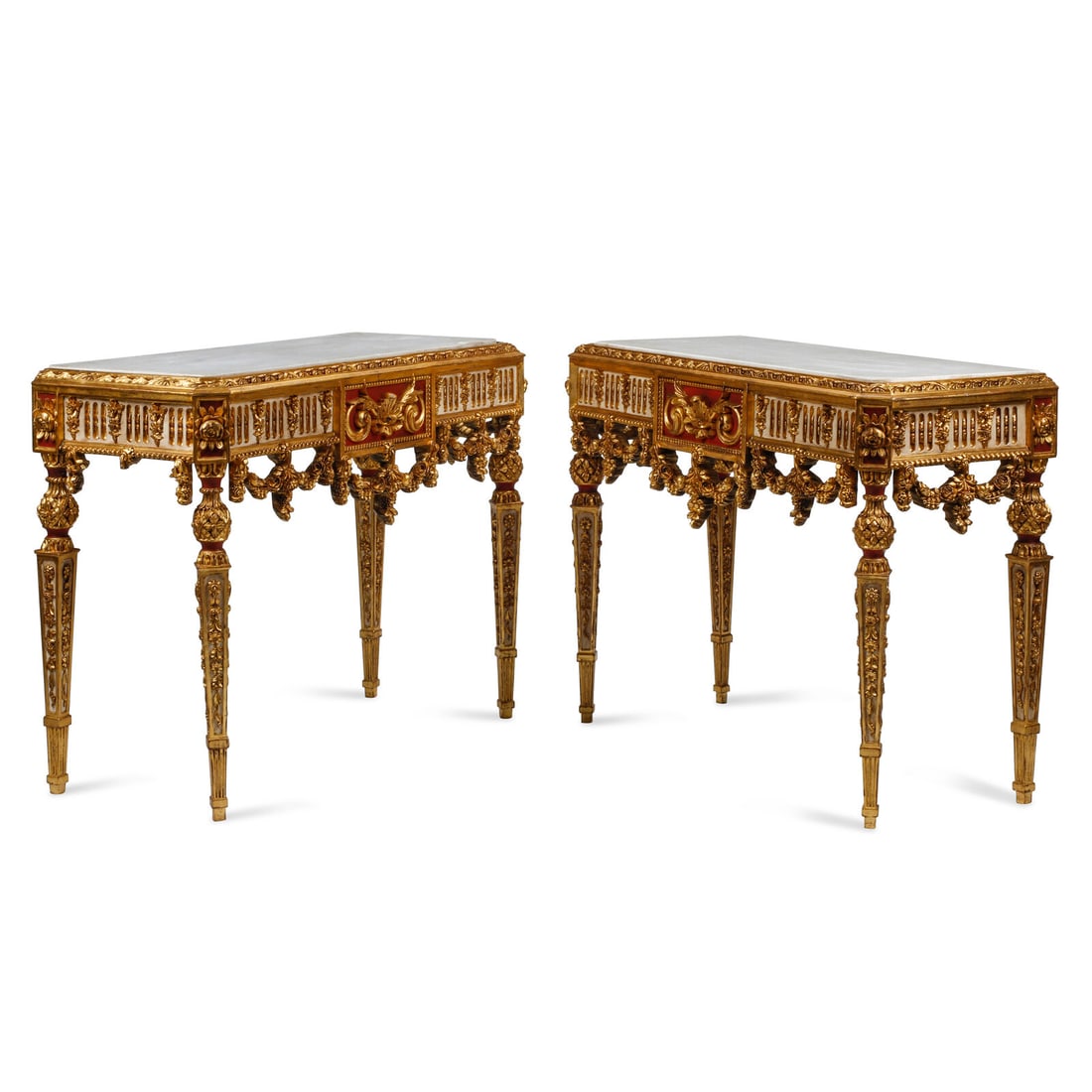 A Pair of Italian Neoclassical Style Giltwood Marble-Top Console Tables: A Pair of Italian Neoclassical Style Giltwood Marble-Top Console Tables 20th Century Height 36 x width 47 x depth 20 inches. This lot is located in Chicago.