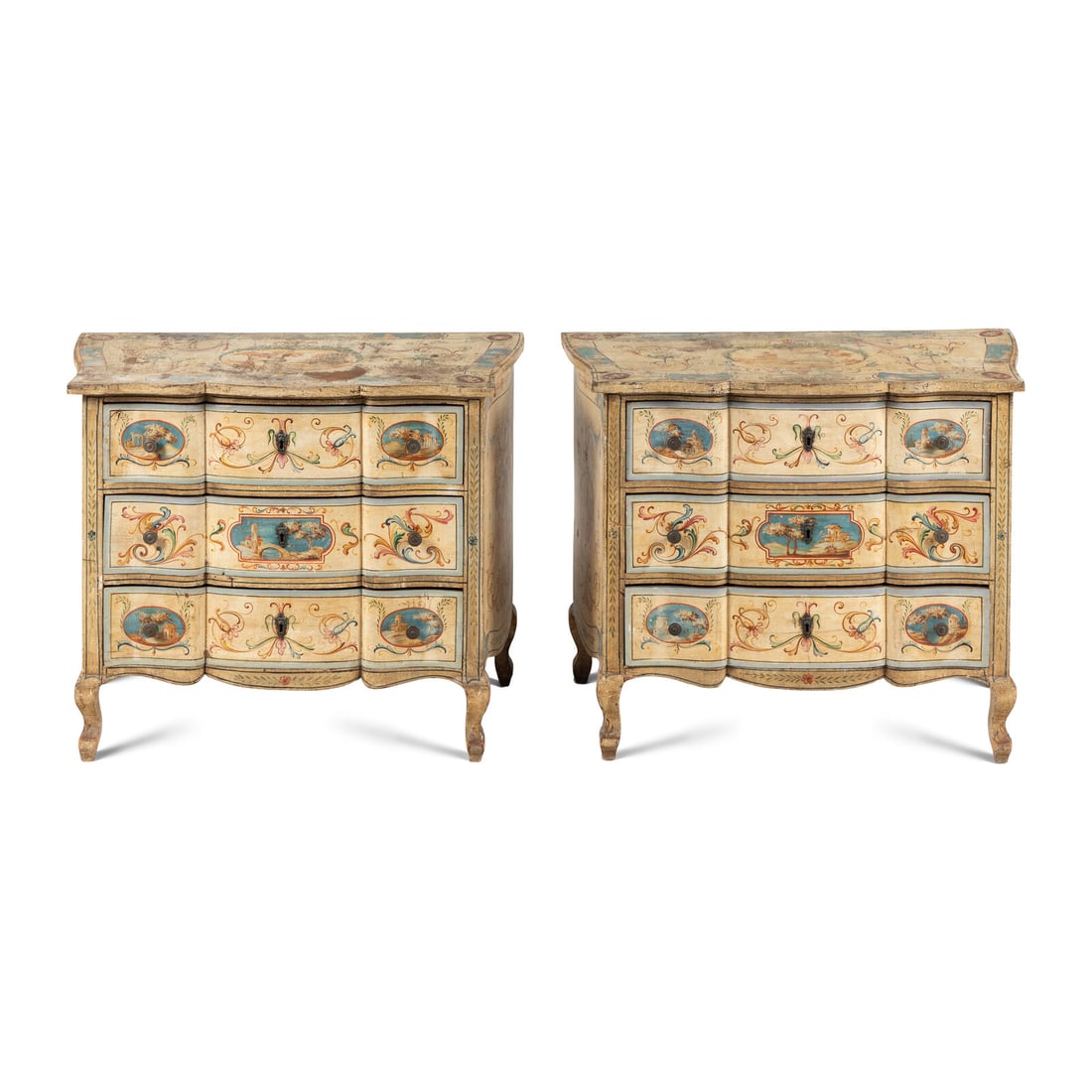 A Pair of Italian Neoclassical Painted Serpentine Chests of Drawers: A Pair of Italian Neoclassical Painted Serpentine Chests of Drawers Mid-19th Century each with a fitted glass top. Height 32 x width 39 x depth 18 inches. Property from the Wetherill Family Collection