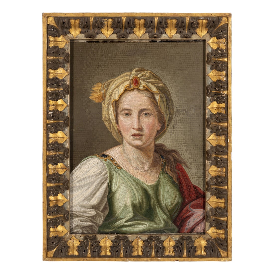 An Italian Micromosaic Panel of the Persian Sibyl: An Italian Micromosaic Panel of the Persian Sibyl Early 19th Century within a parcel-gilt leaf tip carved frame. 25 1/2 x 19 inches. Property of a California Collector This lot is located in Chicago. 
