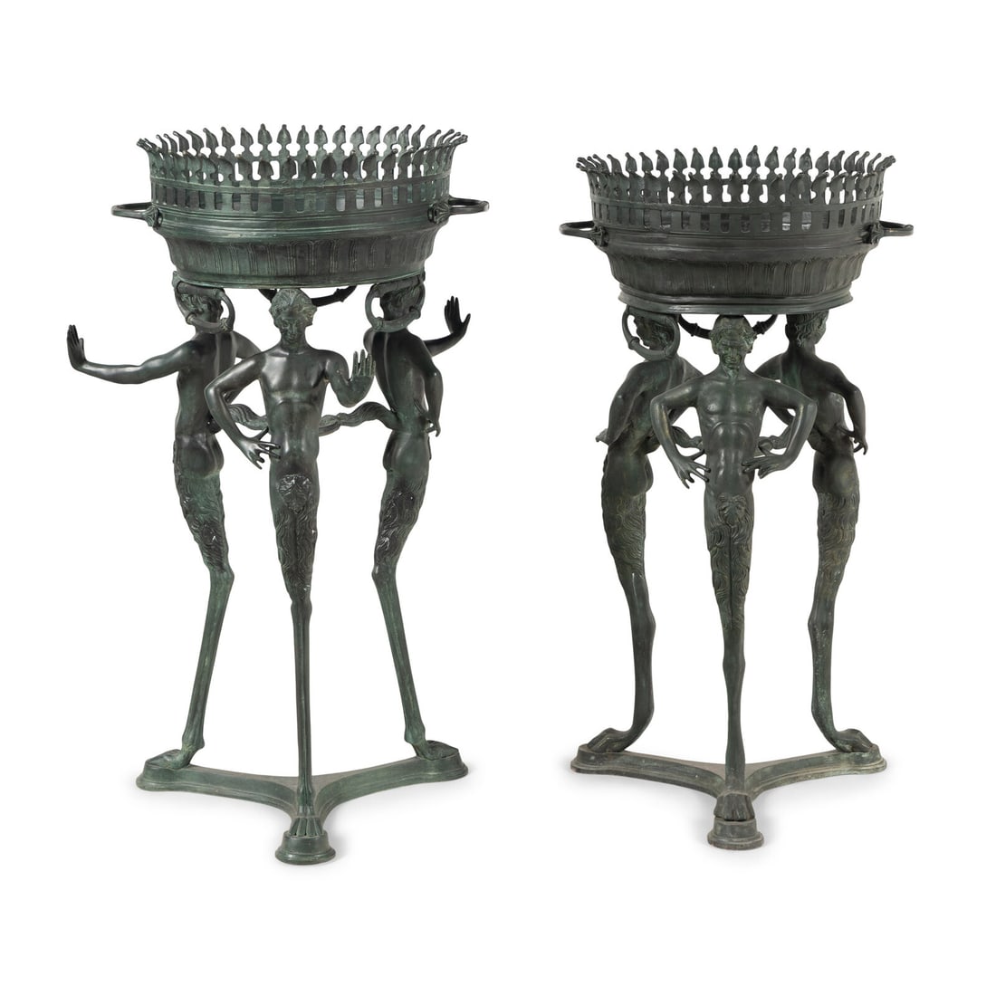 Two Italian Green Patinated Bronze Tripod AthÈniennes: Two Italian Green Patinated Bronze Tripod AthÈniennes 20th Century Height 35 x diameter 21 inches. Property of a California Collector This lot is located in Chicago. Provenance Galleria Pietro Ba