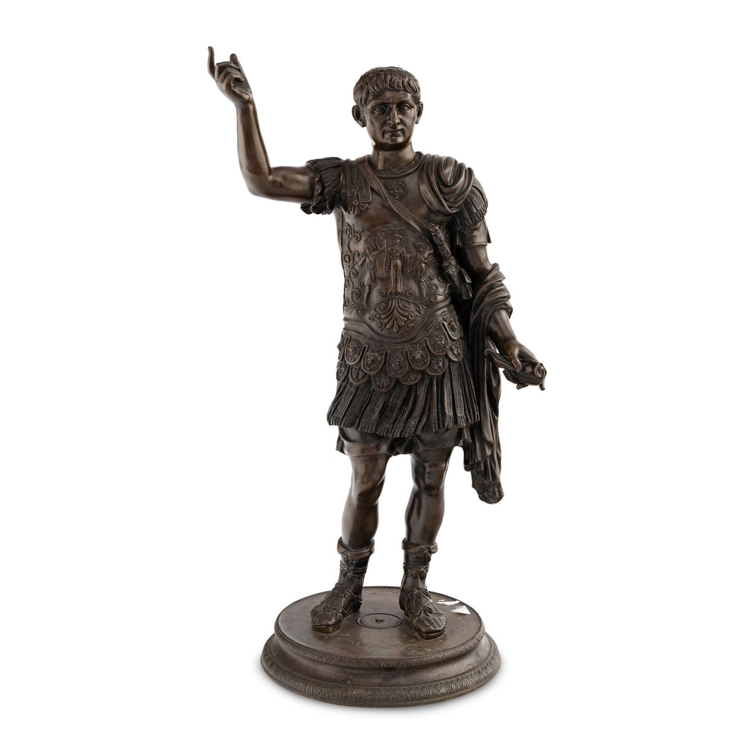 An Italian Bronze Figure of Augustus of Prima Porta: An Italian Bronze Figure of Augustus of Prima Porta After the Antique, Chiurazzi Foundry, Naples, Late 19th Century incised Chiurazzi Napoli. ?Height 25 inches. Property of a California Collector This