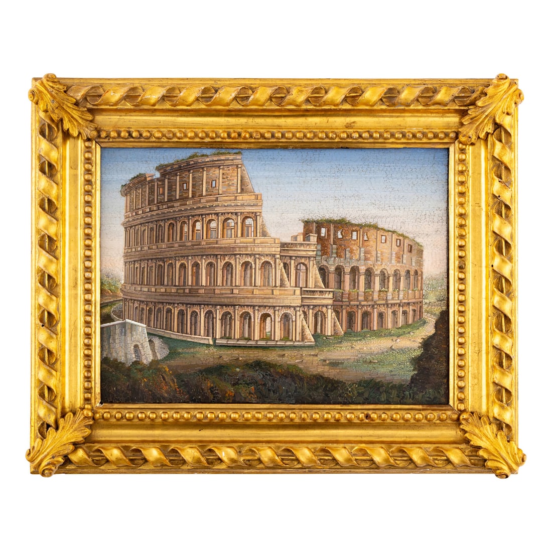 An Italian Micromosaic Panel of the Colosseum: An Italian Micromosaic Panel of the Colosseum First Half 20th Century label on verso reads 'S. Cidella Reverenda Fabrica di S. Pietro in Vaticano'. Height 8 3/4 x width 11 3/4 inches. Property of a Ca