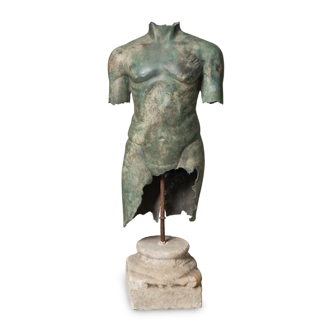 A Patinated Bronze Torso on Stone Plinth: A Patinated Bronze Torso on Stone Plinth 20th Century Height overall 48 x width 20 x depth 12 inches. Property of a California Collector This lot is located in Chicago.