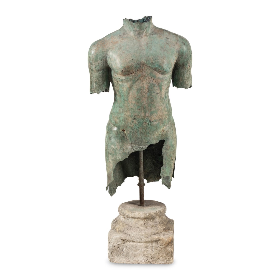A Bronze Torso on Stone Plinth: A Bronze Torso on Stone Plinth 20th Century, After the Antique Height 46 x width 20 x depth 12 inches. Property of a California Collector This lot is located in Chicago. Provenance Bonhams, Los Angele