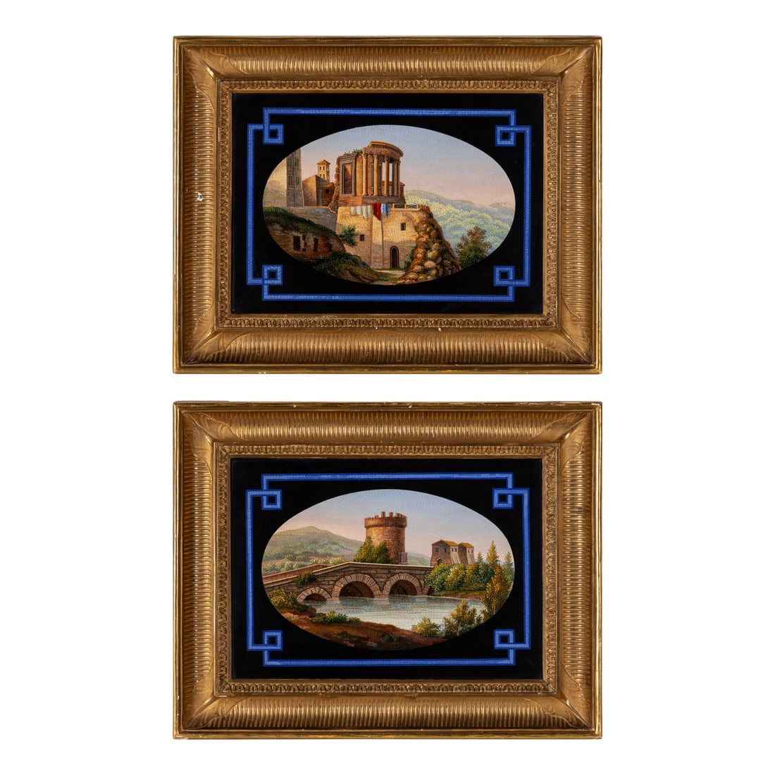 Two Italian Micromosaic Panels of Tivoli Landmarks: Two Italian Micromosaic Panels of Tivoli Landmarks 19th Century depicting the Temple of Vesta and the Ponte Lucano. 10 3/8 x 14 1/4 inches. Property of a California Collector This lot is located in Ch