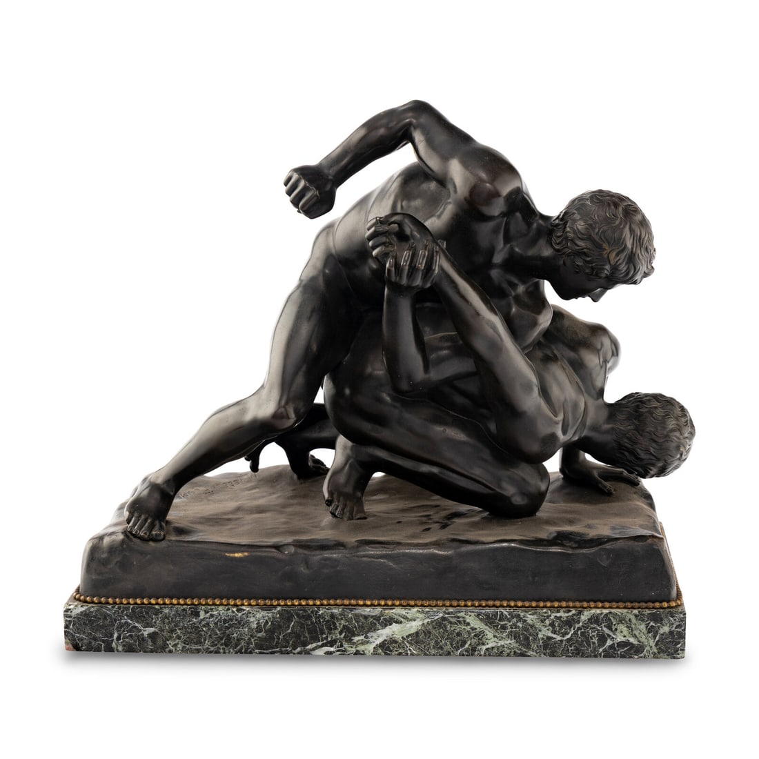 An Italian Bronze Figural Group of The Wrestlers: An Italian Bronze Figural Group of The Wrestlers After the Antique, Late 19th Century raised on a marble base and incised MUS…E DE FLORENCE and bearing the 'Casa Druillet' seal Height overall 18