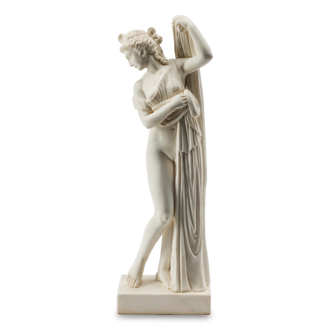 An Italian Marble Figure of the Venus Callipyge: An Italian Marble Figure of the Venus Callipyge 20th Century raised on a wood stand. Height overall 25 inches. This lot is located in Chicago.