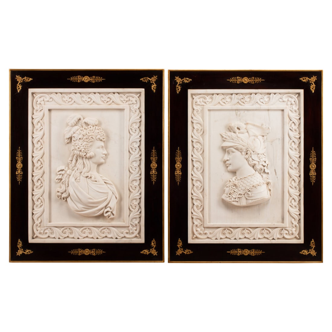 A Pair of Italian Marble and Bronze Mounted Profile Plaques: A Pair of Italian Marble and Bronze Mounted Profile Plaques 20th Century Height 34 1/2 x width 28 inches. This lot is located in Chicago.