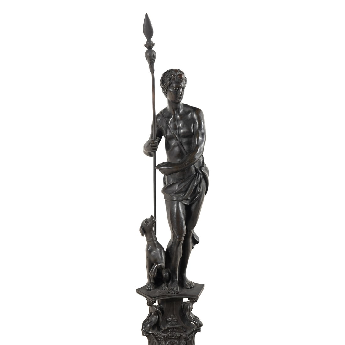 A Large Pair of Renaissance Revival Patinated Bronze Figural Andirons: A Large Pair of Renaissance Revival Patinated Bronze Figural Andirons 19th/Early 20th Century depicting Venus and Adonis after models by Girolamo Campagna. Height of taller example 47 x width 16 1/2 x