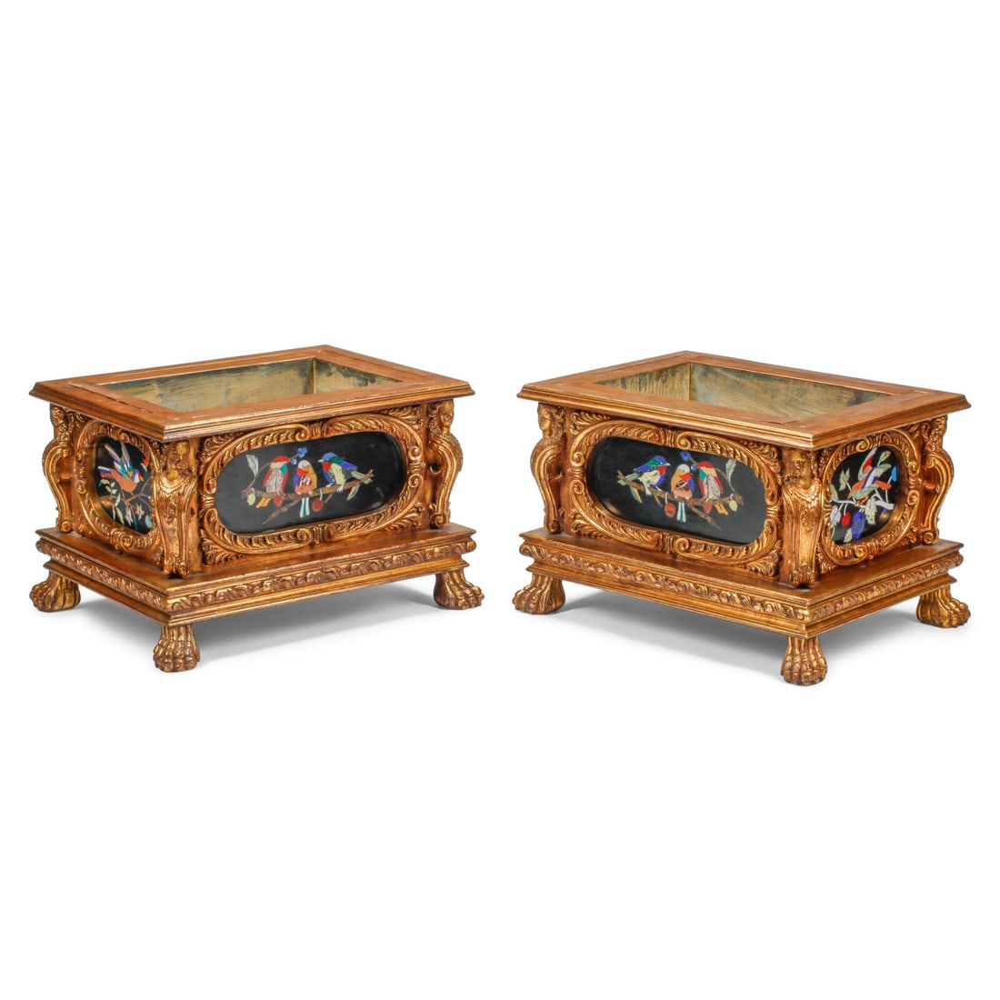 A Pair of Italian Renaissance Style Giltwood and Pietra Dura Plaque-Inset JardiniËres: A Pair of Italian Renaissance Style Giltwood and Pietra Dura Plaque-Inset JardiniËres 20th Century Height 18 x width 27 1/2 x depth 20 inches. This lot is located in Chicago.